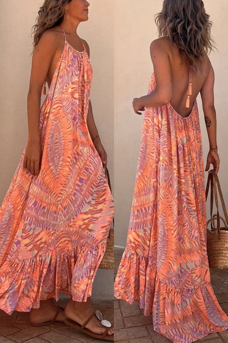 Sunita Ethnic Print A-Line Halter Tassel Maxi Dress for Women | Boho Summer Beach Vacation Dress | Perfect for Parties, Weddings & Tropical Getaways