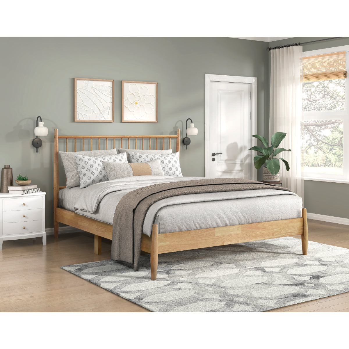 Mid Century Modern Queen Bed Frame - Solid Wood Platform Bed with Upholstered Headboard - Stylish & Durable Furniture for Master Bedroom or Guest Room