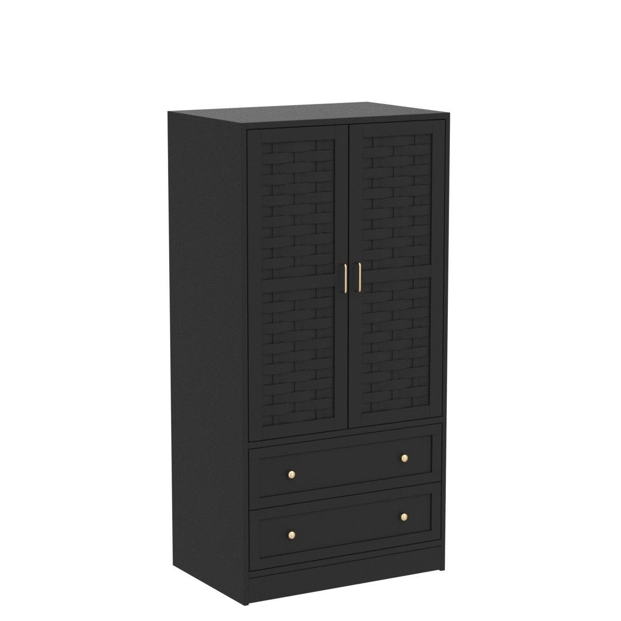 LEVNARY Wooden Armoire Wardrobe Closet - Freestanding Storage Cabinet with 2 Woven Doors, 2 Drawers & Hanging Rail for Bedroom Organization (Black) | Perfect for Small Spaces, Guest Rooms & Apartment Living