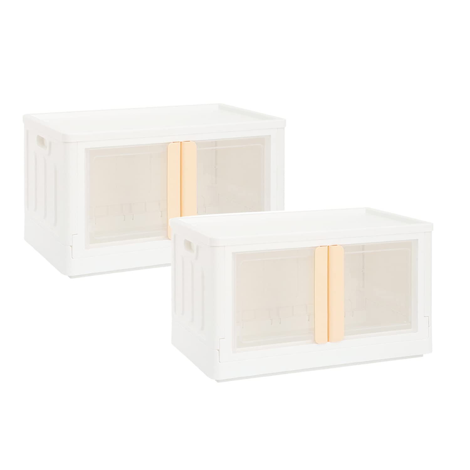 HANAMYA 32L Folding Stackable Storage Container with Doors & Handles - Space Saving Organizer for Closet, Garage, Office - Set of 2 White & Cream Totes - Perfect for Home Organization & Seasonal Storage