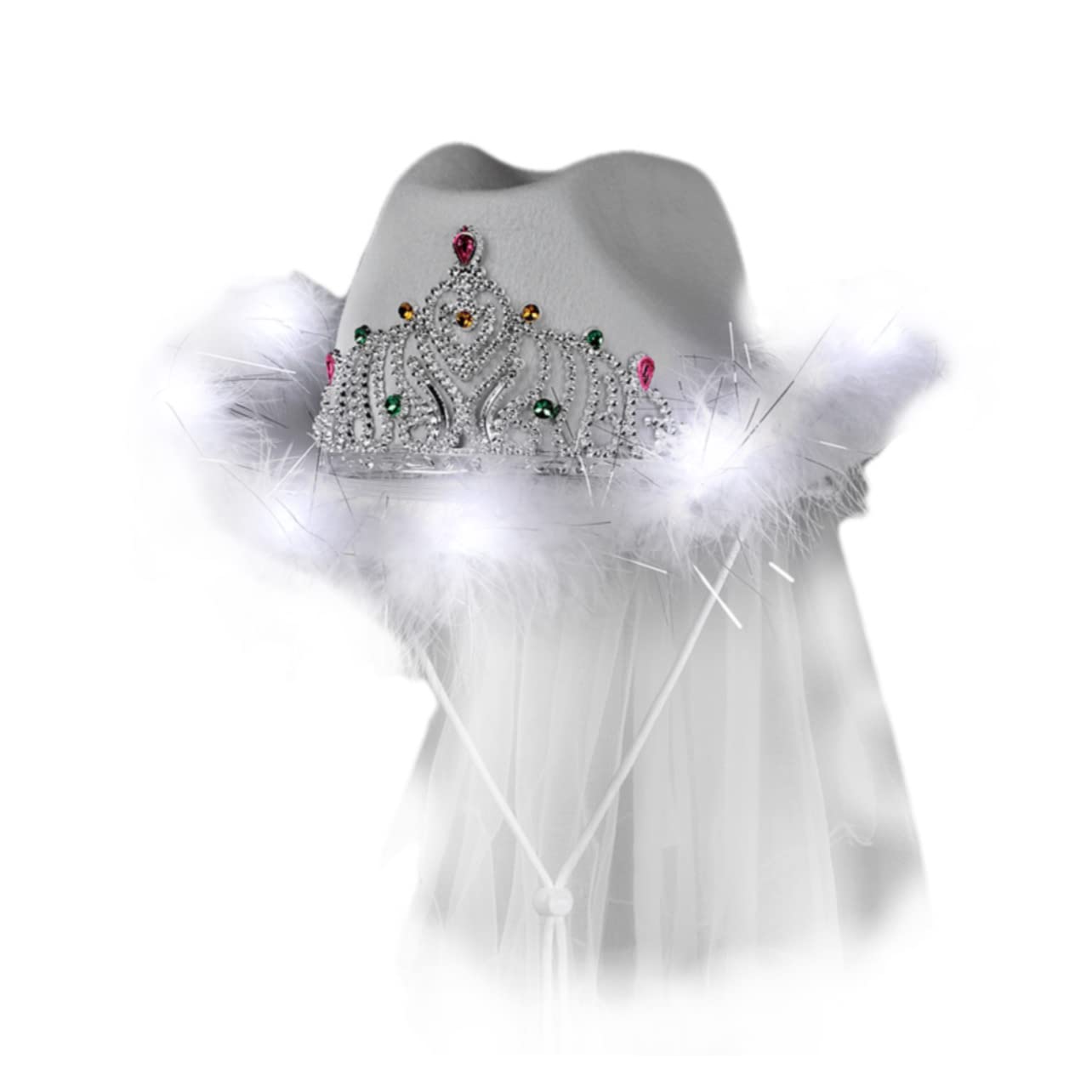 Blinkee 6-Pack Light Up White Tiara Bridal Cowgirl Hats with Veil - Perfect for Bachelorette Parties, Weddings & Bridal Showers - Battery Powered LED Headpieces for Women & Girls