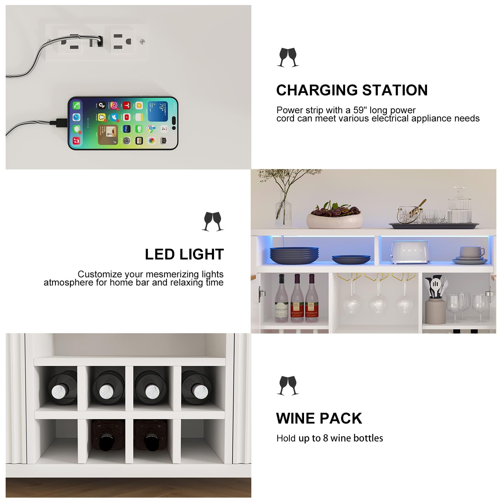 Modern White Fluted Home Bar Wine Cabinet with LED Lights & USB Charging Station - 47.2