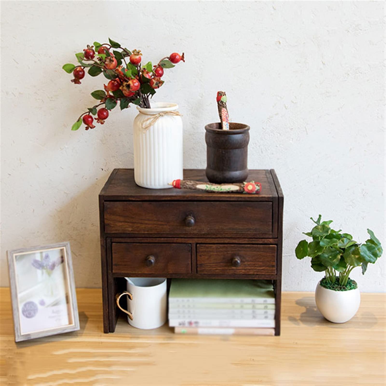 TOMYEUS Creative Retro Small Bookshelf - Adjustable Desktop Bookcase with Drawers, Brown Wooden Storage Cabinet for Home Office, Bedroom & Living Room