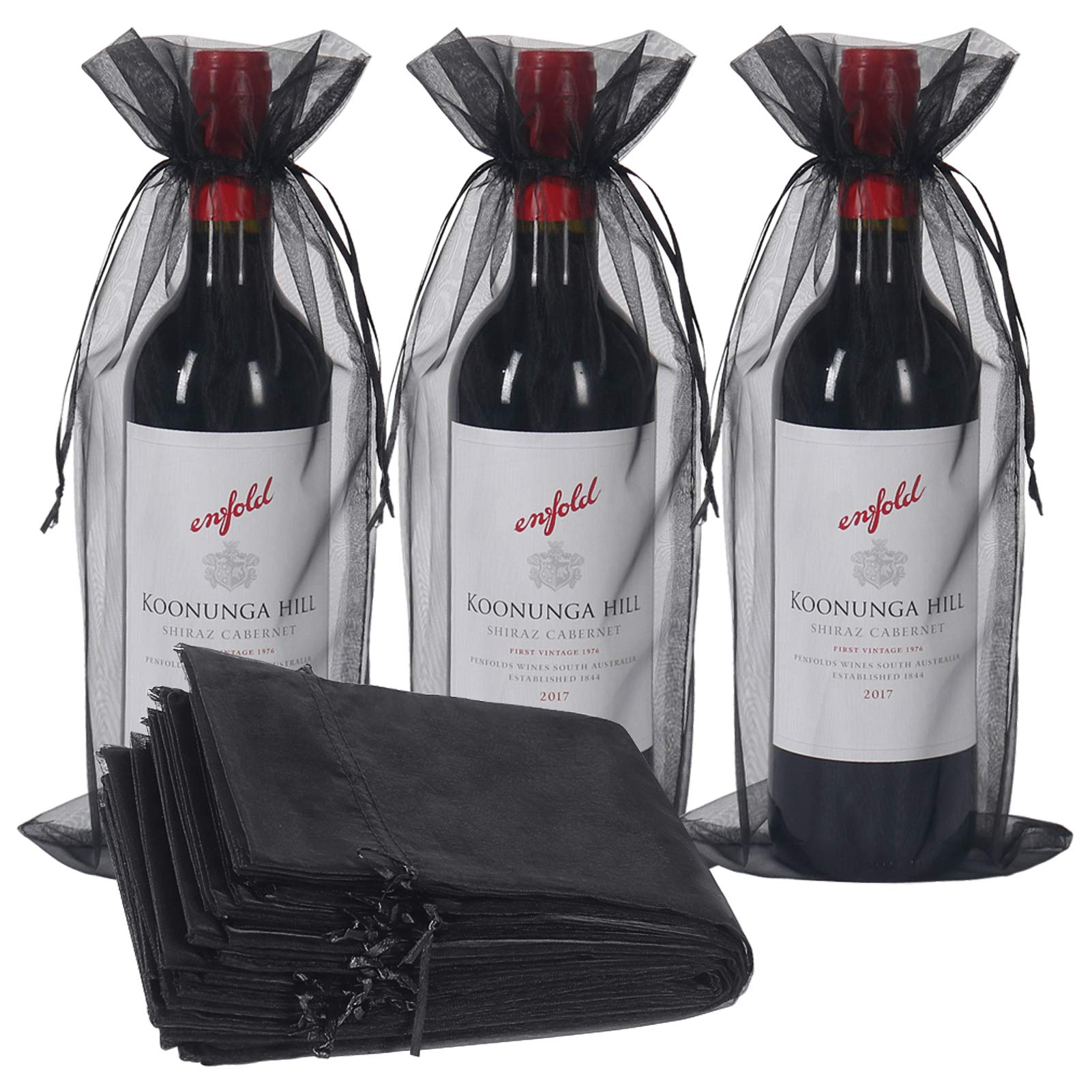 Premium 750ML Organza Wine Bottle Gift Bags with Drawstring - 14 1/3 x 6 1/3 Inches - Elegant Halloween Party Favors & Festival Gifts (Black, 30 Pack) - Perfect for Wine Weddings, Birthday Celebrations & Holiday Gift Wrapping