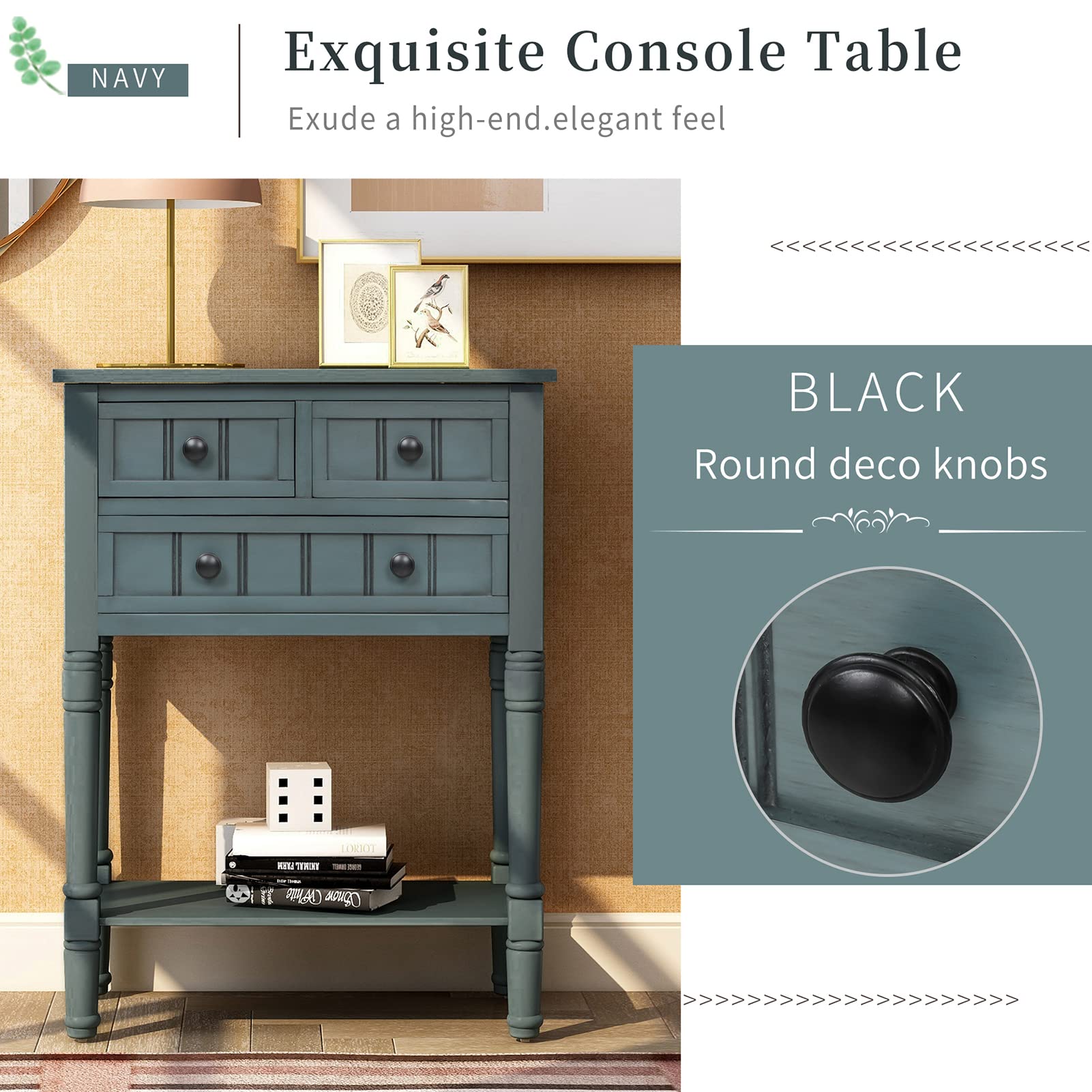 Slim Rustic Wood Entryway Console Table with 3 Storage Drawers & Bottom Shelf - Narrow Sofa Side Table for Hallway, Living Room, Kitchen & Bar - Perfect for Small Spaces & Home Decor