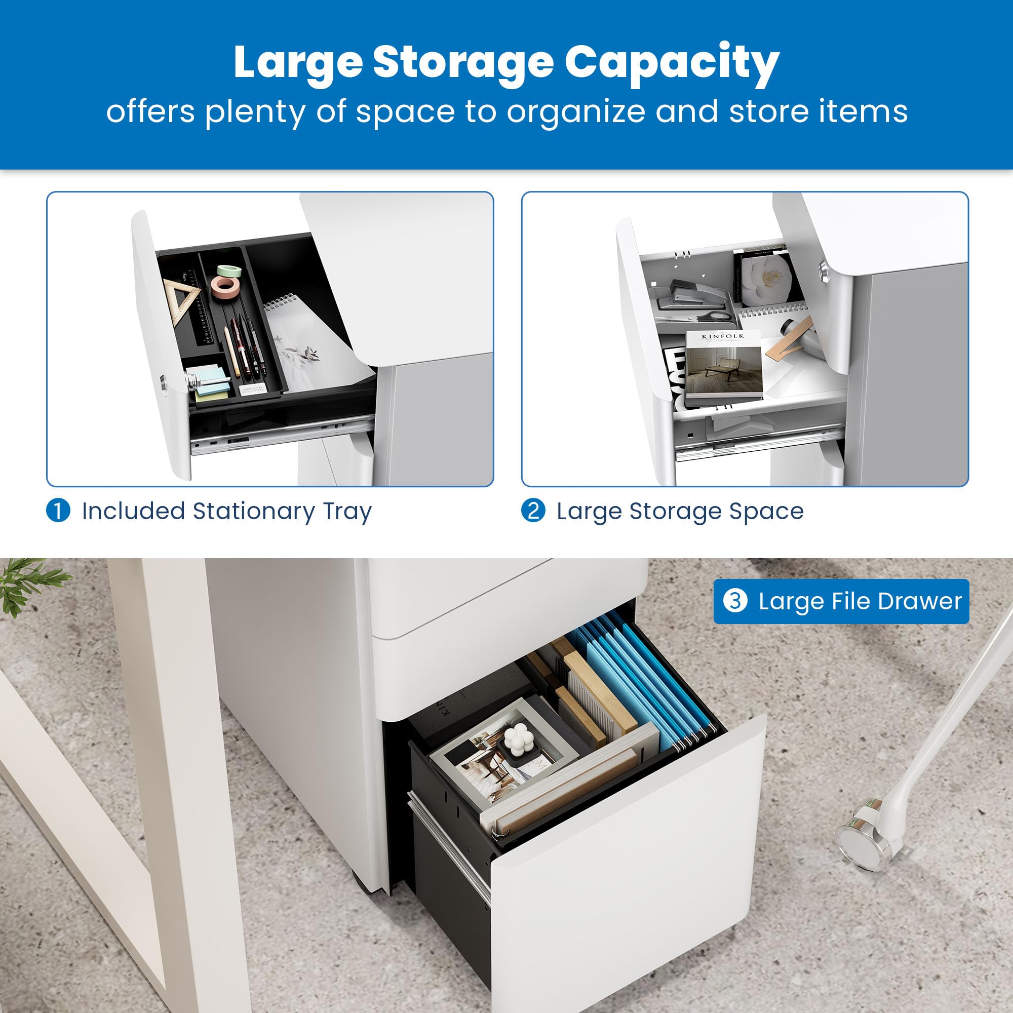 Mount-It! Slim Rolling Under Desk Cabinet - 3-Drawer Mobile File Storage with Lock for Home & Office Organization - White - Perfect for Small Spaces & Clutter-Free Workspaces