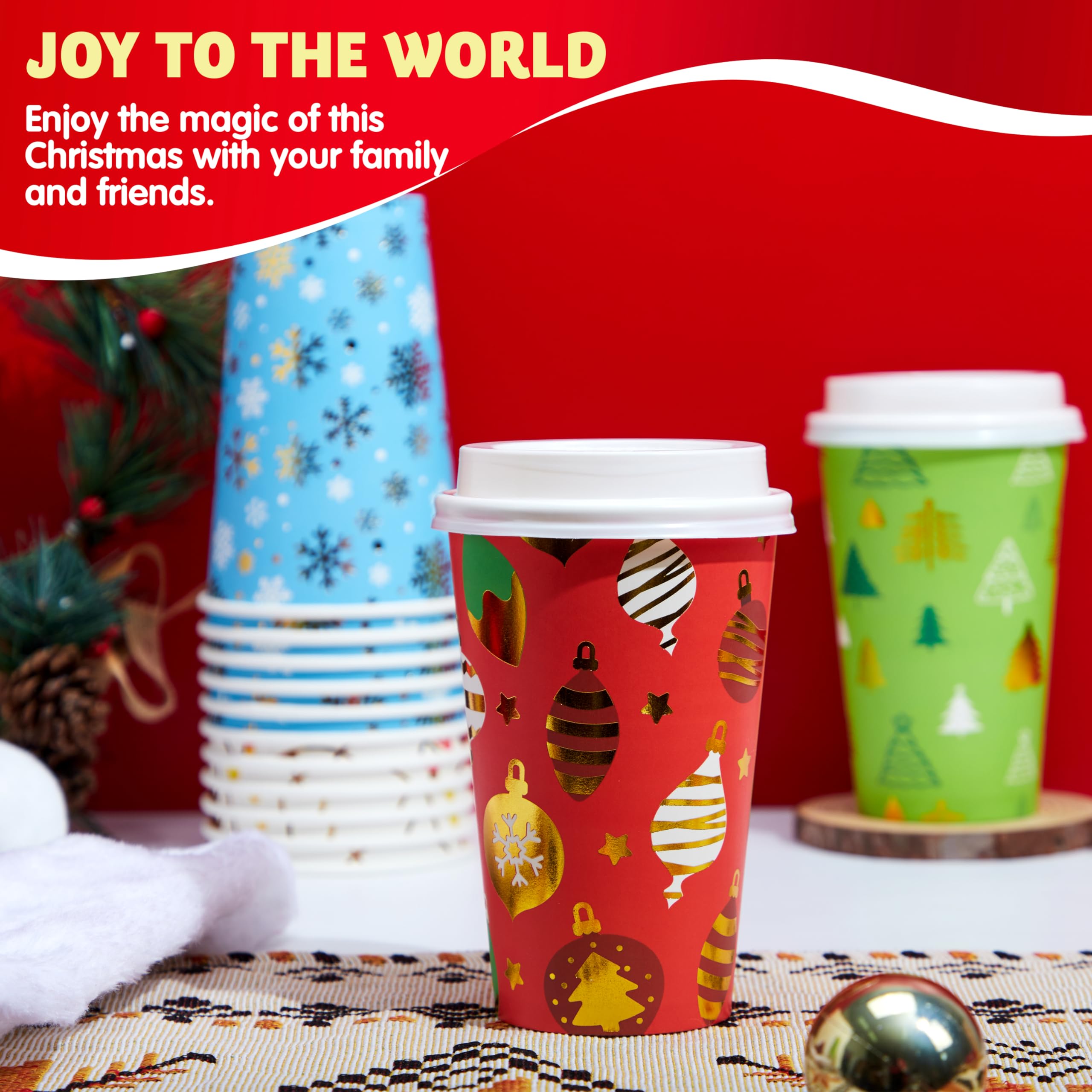 JOYIN 24-Pack 16oz Christmas Disposable Paper Cups with Lids & Sleeves - 4 Festive Designs for Holiday Parties, Winter Drinks & Home Decor - Perfect for Xmas Celebrations, Hot Cocoa, Eggnog & Seasonal Beverages