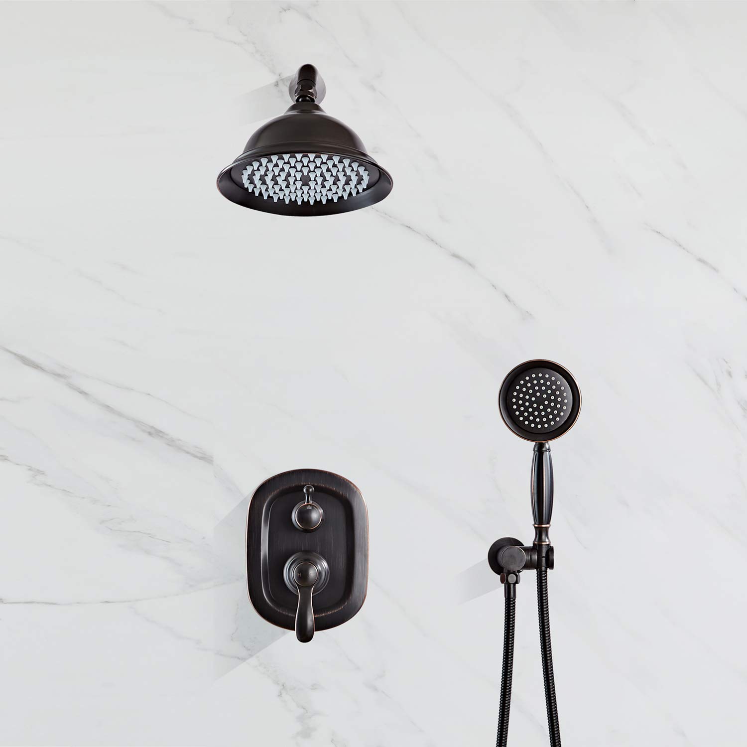 Premium Oil Rubbed Bronze Shower System - 8 Inch Rain Shower Head & Handheld Shower Combo with High Pressure - Wall Mounted Ceiling Bathroom Faucet Set for Luxurious Spa Experience at Home