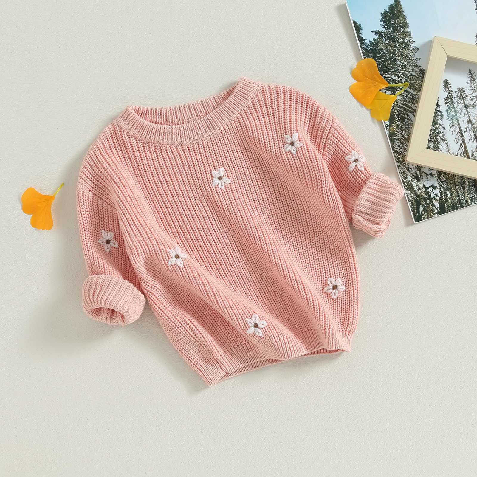 YOKJZJD Chunky Knit Baby Sweater for Girls - Floral Warm Long Sleeve Knitted Top for Newborn & Toddler | Fall Winter Clothing for Photo Shoots & Family Outings