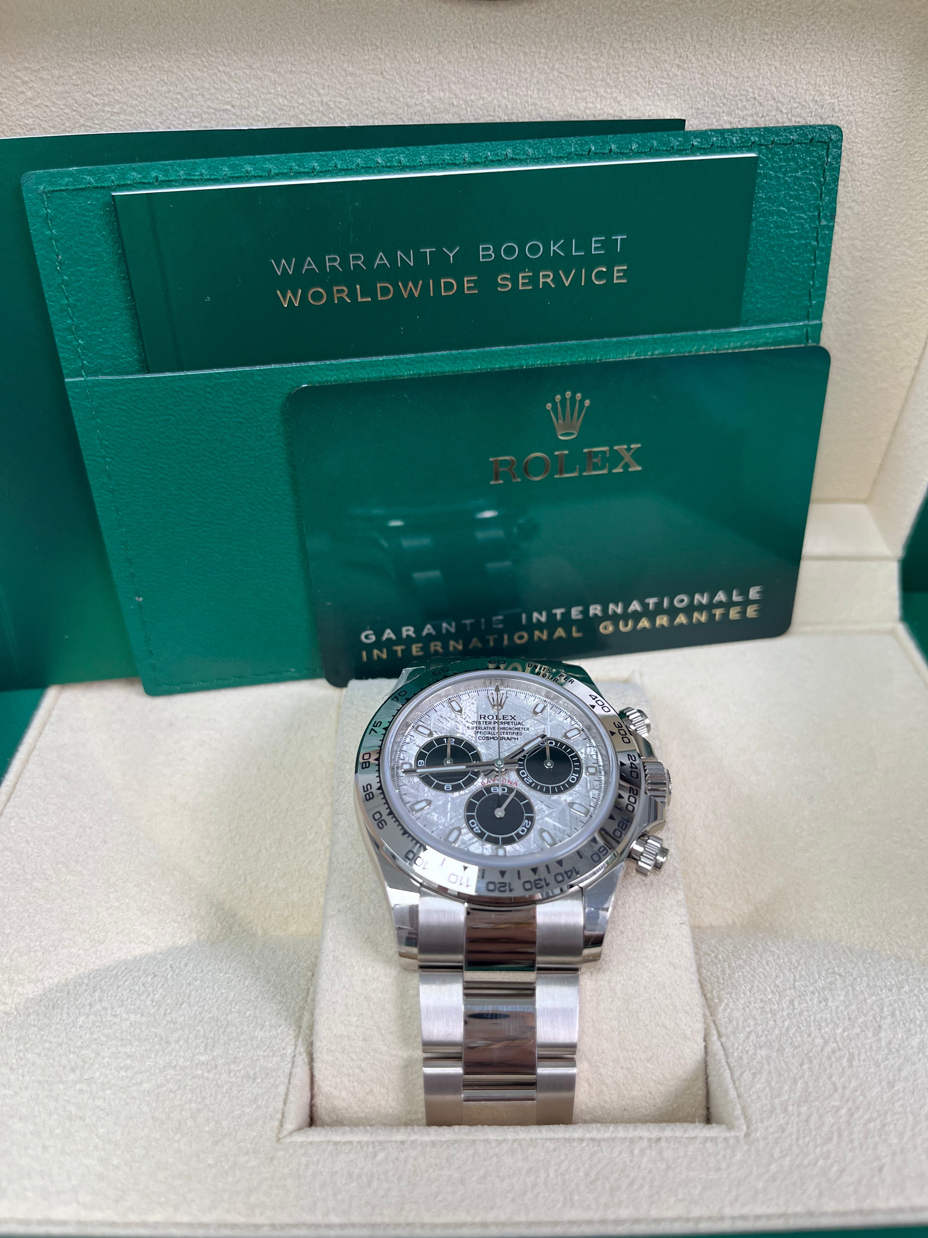 Rolex Daytona 116509 40mm White Gold Watch with Meteorite Dial & Black Oyster Bracelet - Luxury Men's Chronograph for Business, Gifting & Special Occasions
