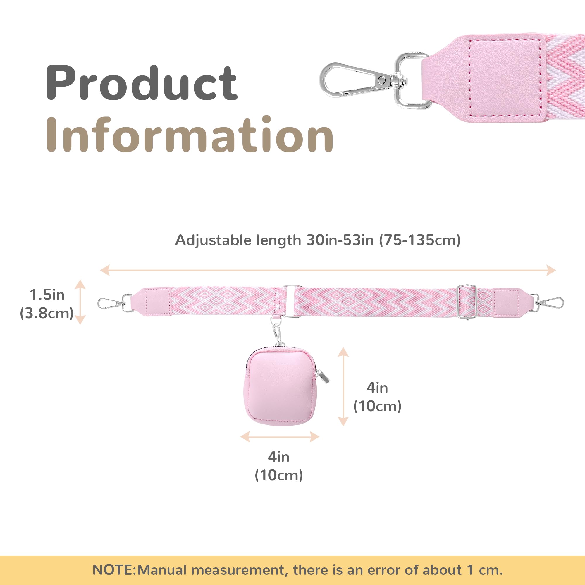 Pink Purse Strap with Silver Hardware - Adjustable Crossbody Bag Strap Replacement for Handbags & Guitar Straps with Small Pouch | Perfect for Women's Fashion Accessories, Travel & Daily Use