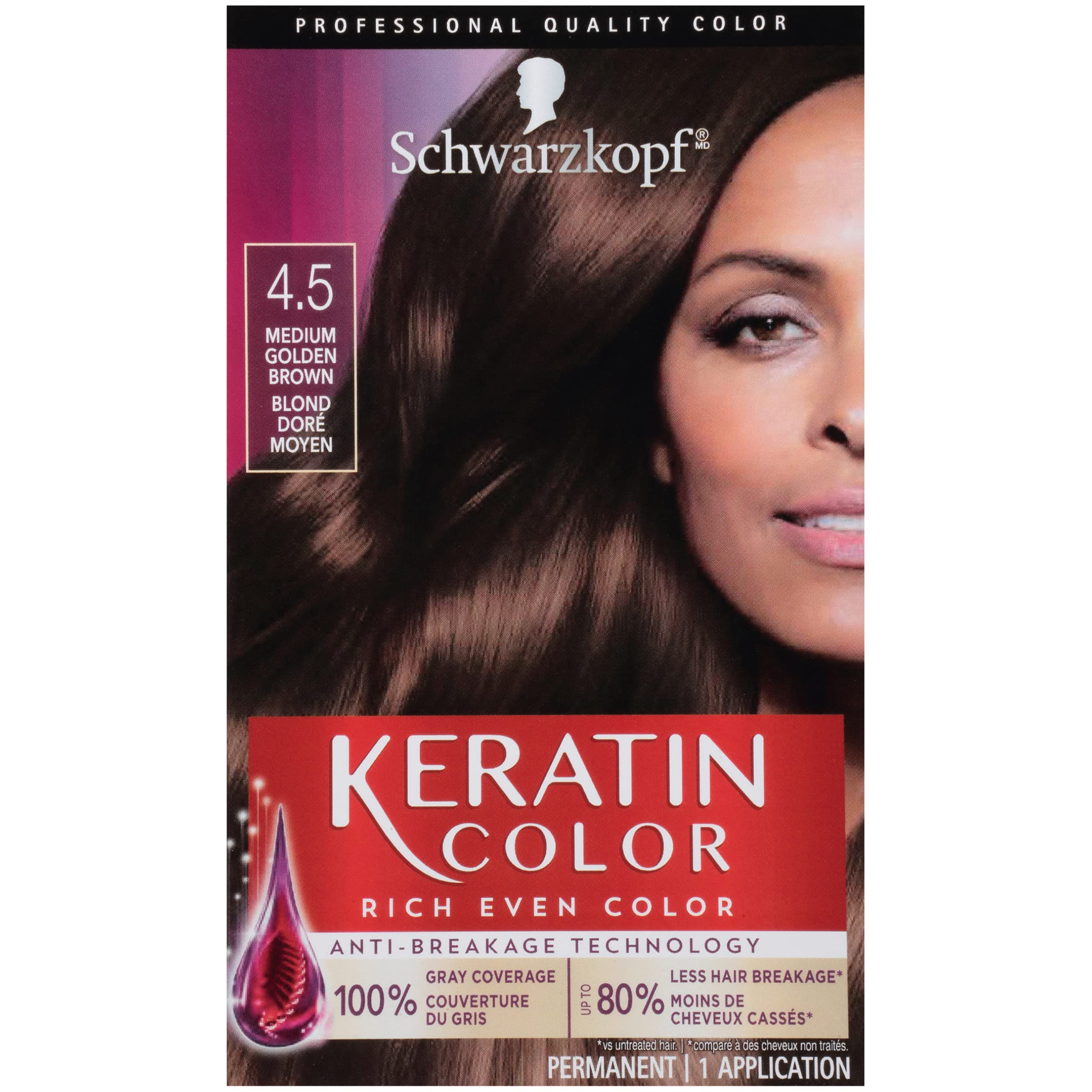 Schwarzkopf Keratin Color Permanent Hair Dye Cream - 4.5 Medium Golden Brown for Long-Lasting Color & Shine | At-Home Salon Quality Hair Coloring for Women & Men