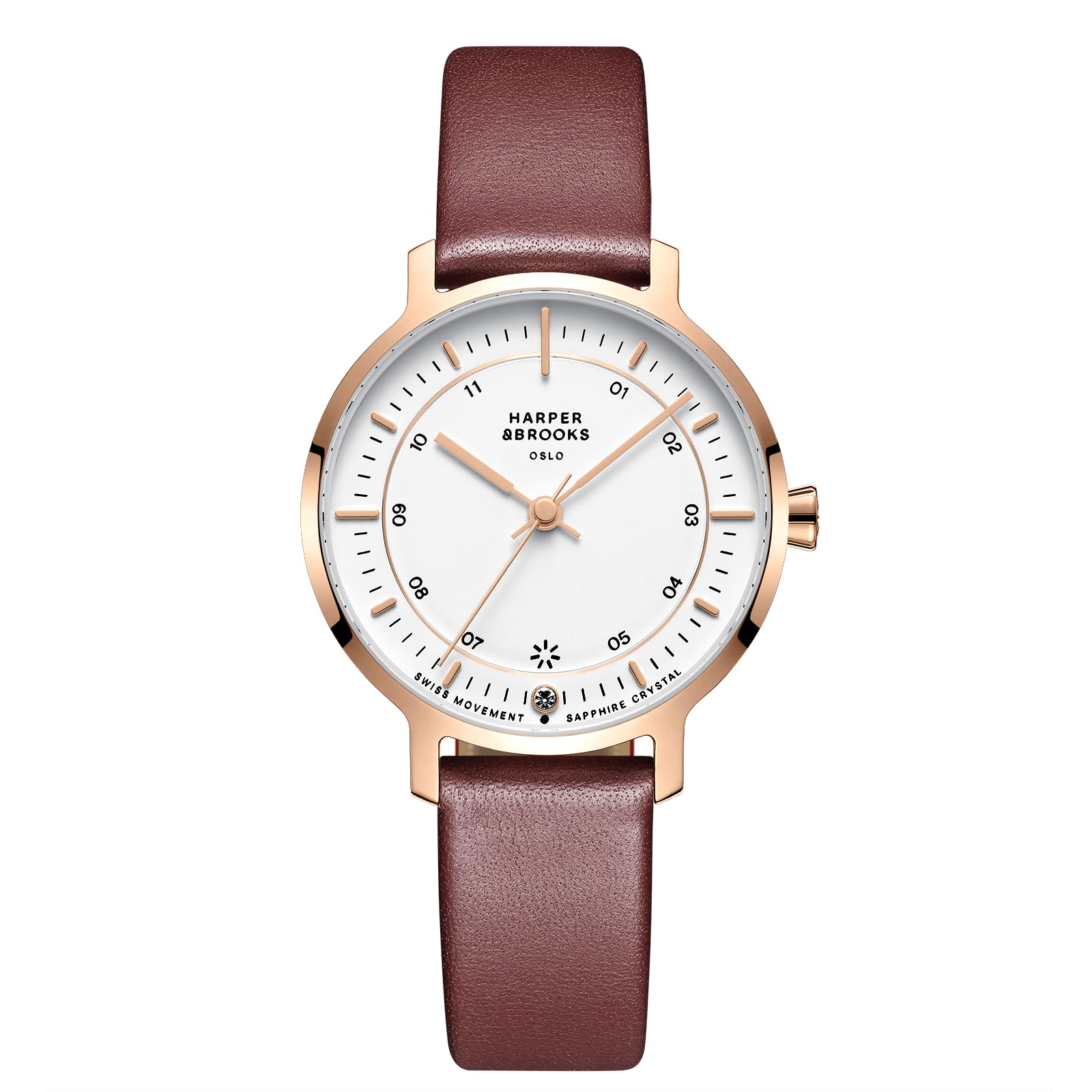 Harper & Brooks Women's 32mm Swiss Stainless Steel Quartz Watch with Genuine Leather Strap - Elegant Dress Watch for Business, Office & Special Occasions
