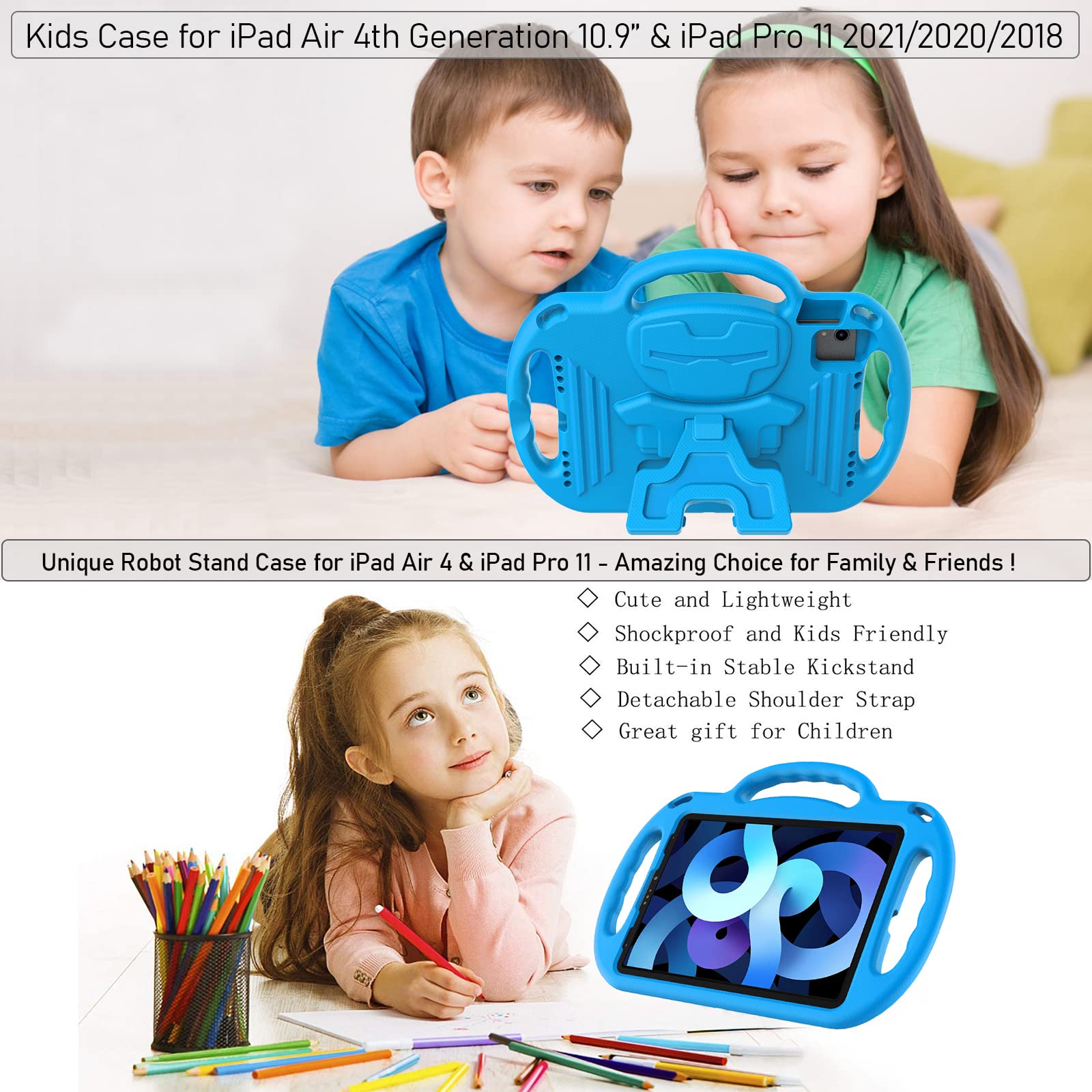 LTROP Shockproof Kids Case for iPad Air 6th Gen (11-inch 2024) & iPad Air 5th/4th Gen & iPad Pro 11 - Durable Protective Cover with Adjustable Shoulder Strap, Handle & Stand for 10.9-11 inch Tablets - Perfect for School, Travel & Home Use - Blue