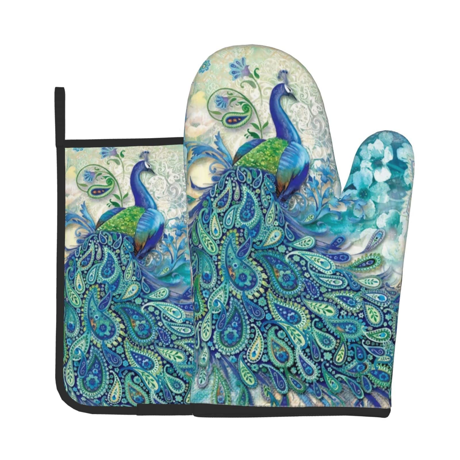 Heat Resistant Peacock & Floral Oven Mitts and Pot Holders Set - Non-Slip Kitchen Gloves for Baking, Grilling, Cooking & BBQ - Perfect for Holiday Gifts & Home Decor