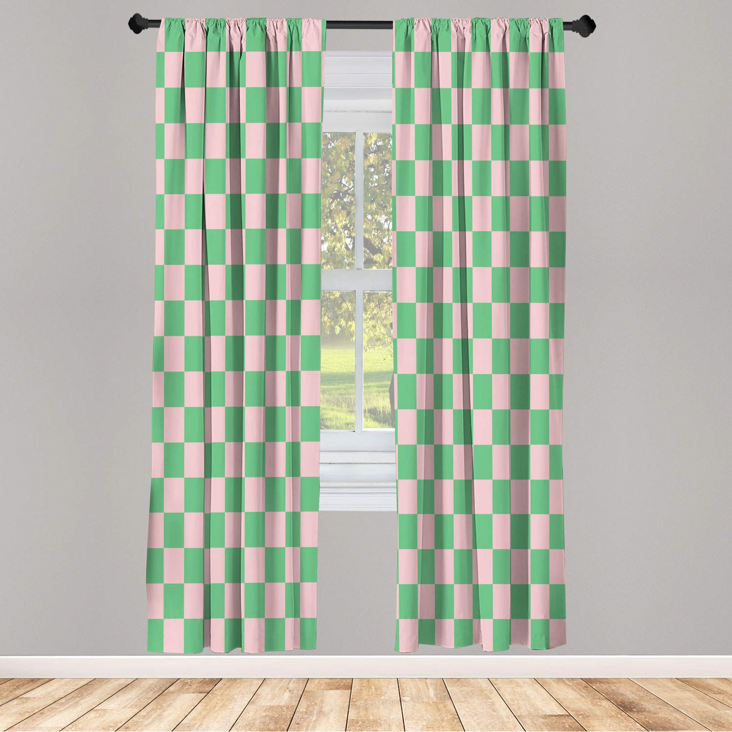 Ambesonne Checkers Game Window Curtains - Geometric Grid Monochrome Squares in Classic Board Design, Lightweight Decorative 2-Panel Set with Rod Pocket (28