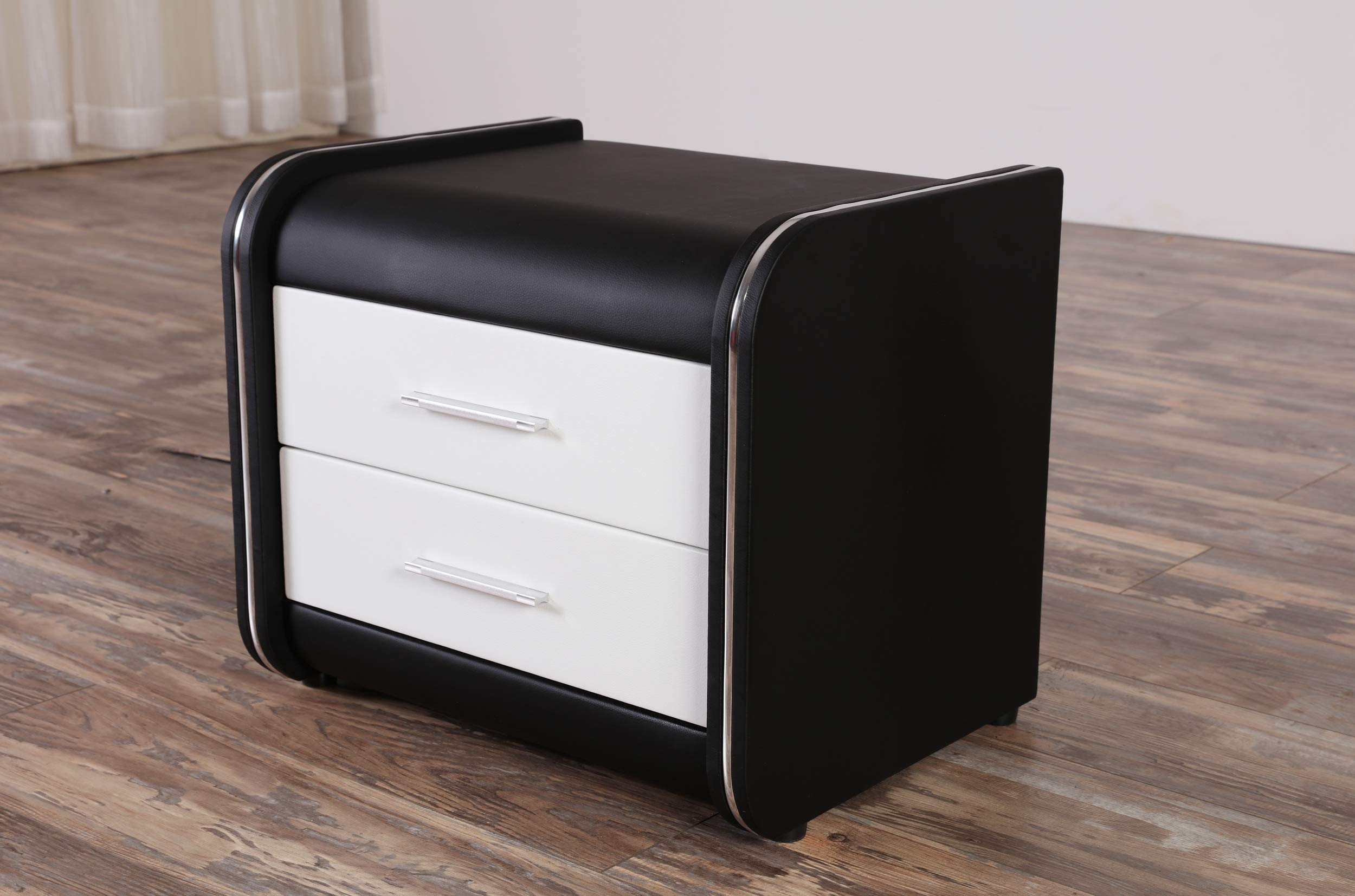 Modern Black and White Vinyl Covered Nightstand with 2 Drawers - Bedroom Side Table for Small Spaces, Apartment Furniture, Bedside Storage Solution