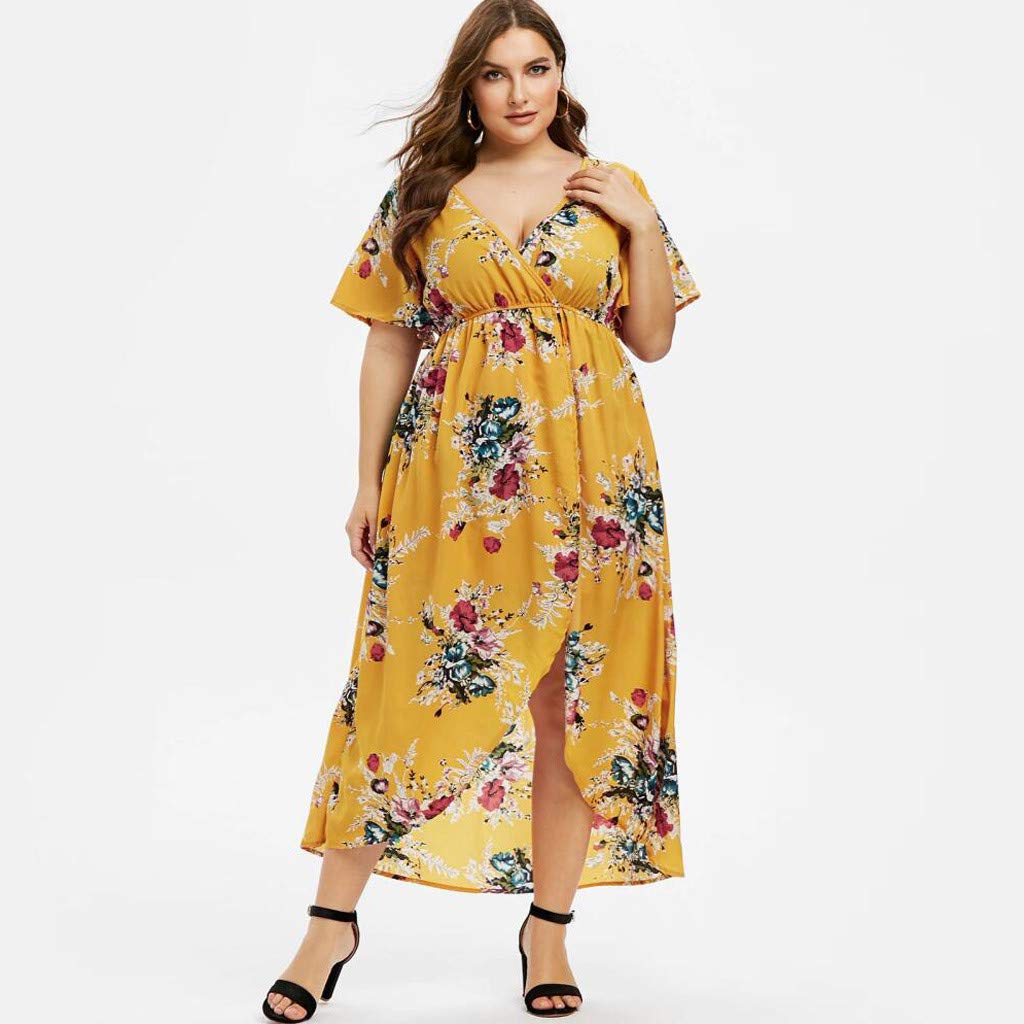 Plus Size Floral Short Sleeve Maxi Romper Dress - Women's Asymmetrical High-Low Party Dress with Side Slit | Perfect for Summer Weddings, Beach Vacations & Cocktail Parties
