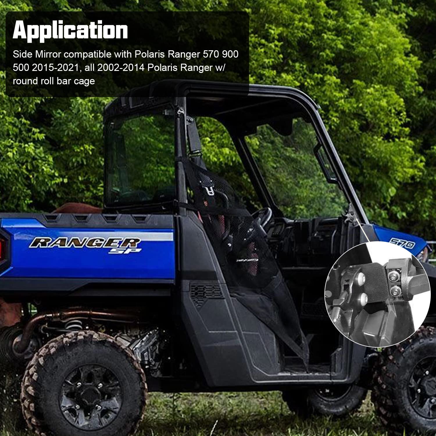 SUNPIE UTV Side View Mirrors - Compatible with Polaris Ranger 500 570 900 (2015-2024), Pro-Fit Cab Lock N Ride & Factory Cage Frame, Fits Round Roll Bar - 2 Pack Set for Enhanced Off-Road Visibility & Safety