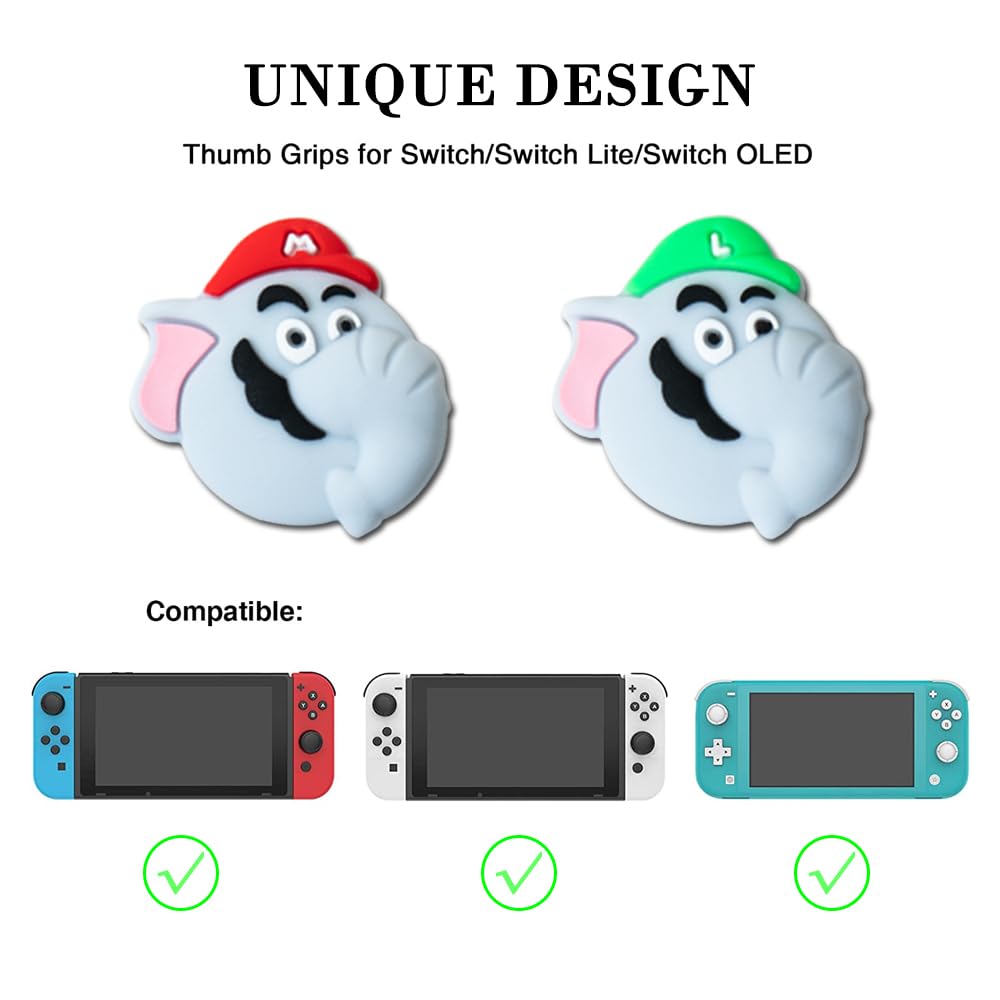 PERFECTSIGHT Elephant Switch Thumb Grip Caps - 4PCS Kawaii Silicone Joystick Covers for Nintendo Switch OLED/Switch Lite - 3D Skin Analog Stick Button Protectors for Joy-Con Controllers - Perfect for Mario Fans & Gaming Enthusiasts - Great for Enhanced Grip and Comfort During Long Gaming Sessions