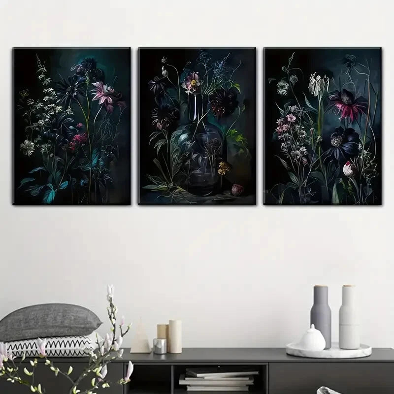 Vintage Gothic Botanical Metal Wall Art Set of 3 - Ready to Hang Prints for Home, Office & Gothic Decor