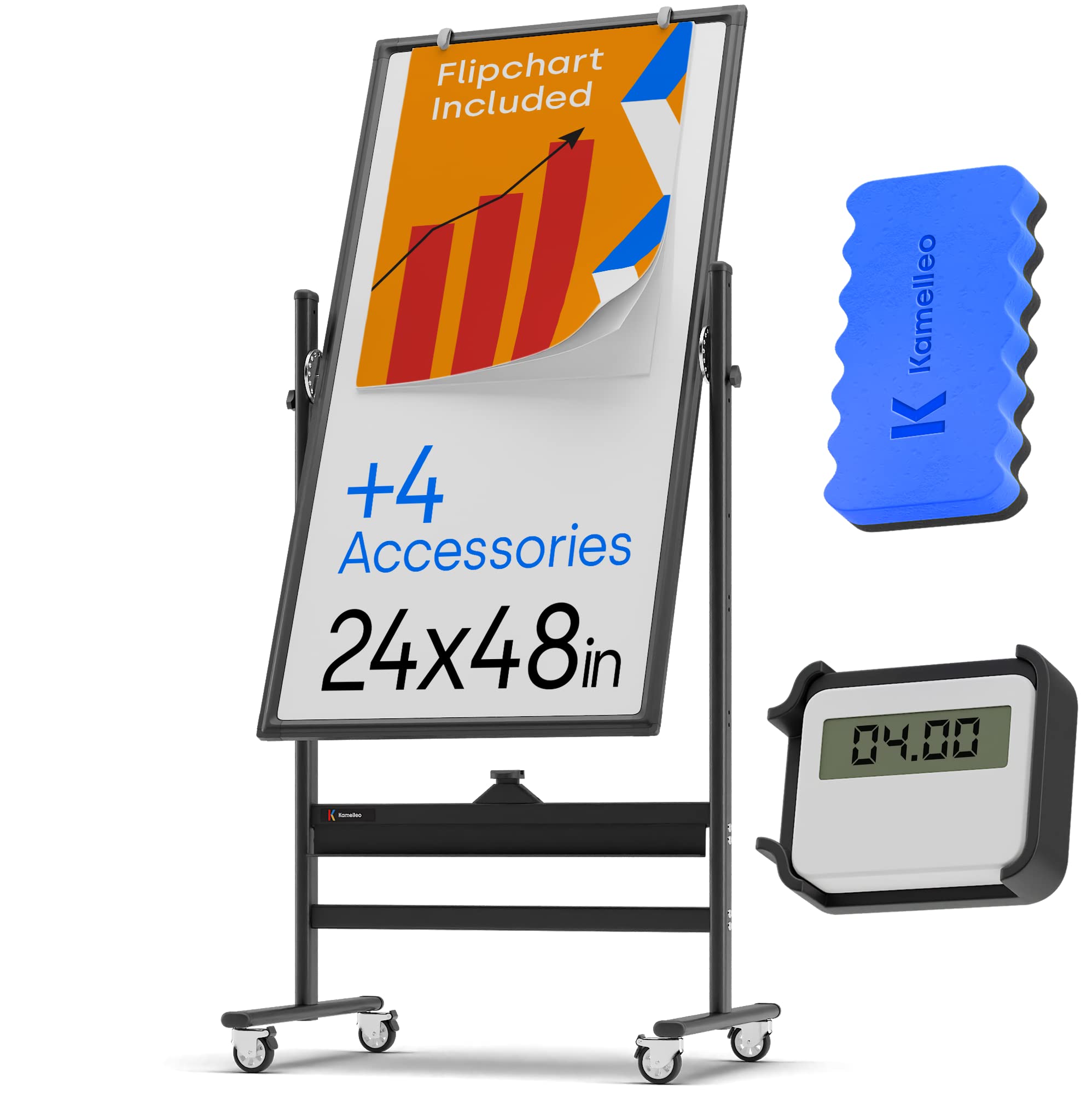 Kamelleo 24x48 Inch Rolling Magnetic Whiteboard - Large Portable Double-Sided Dry Erase Board with Stand & Wheels - Mobile Standing Whiteboard for Office, Classroom, Home & Presentations - Perfect for Meetings, Teaching & Creative Brainstorming