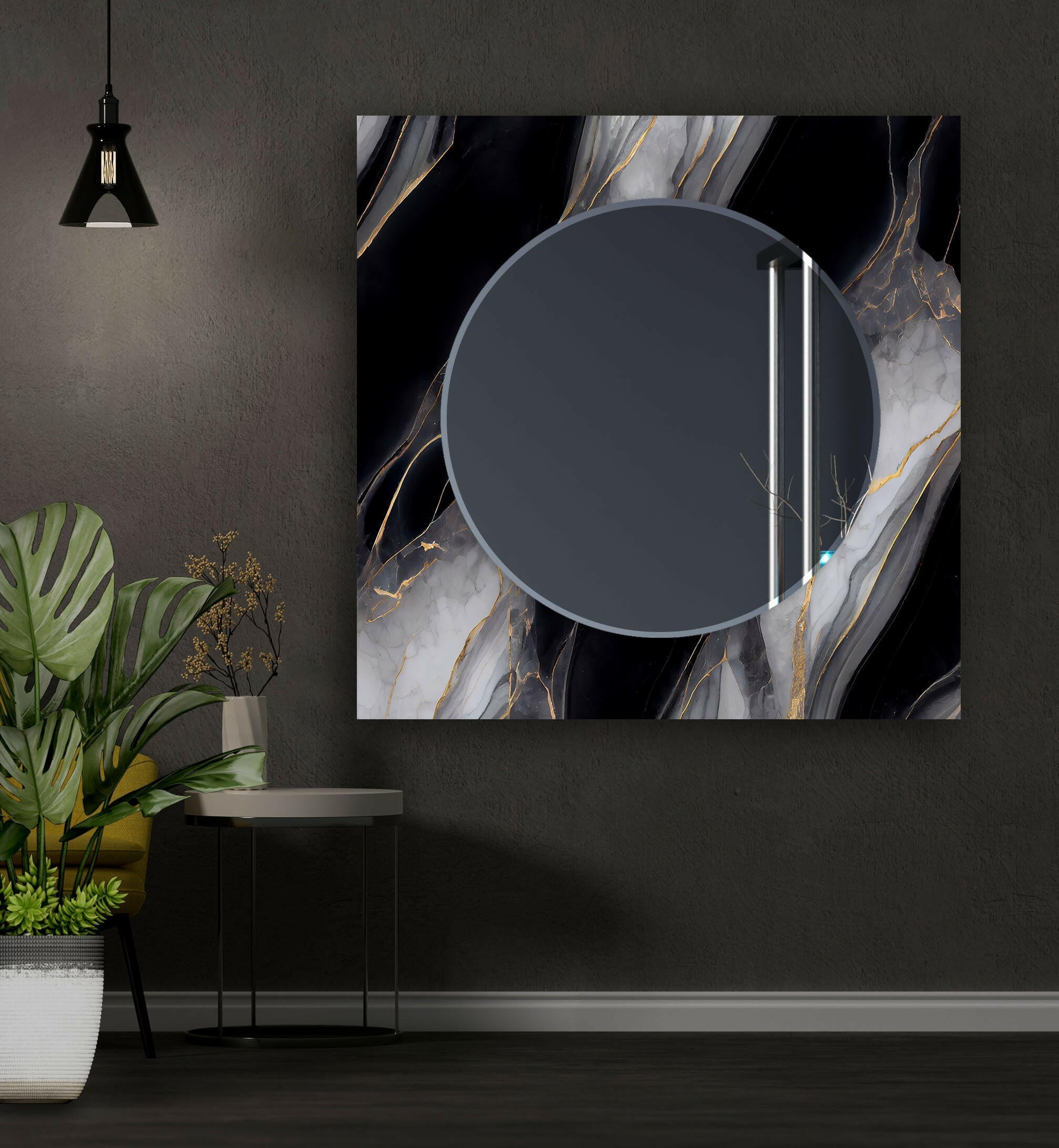 Stylish Black and Gray Marble Wall Mirror - Modern Home Decor for Living Room, Bedroom & Bathroom | Elegant Full-Length Mirror with Durable Frame for Vanity, Entryway & Dressing Area
