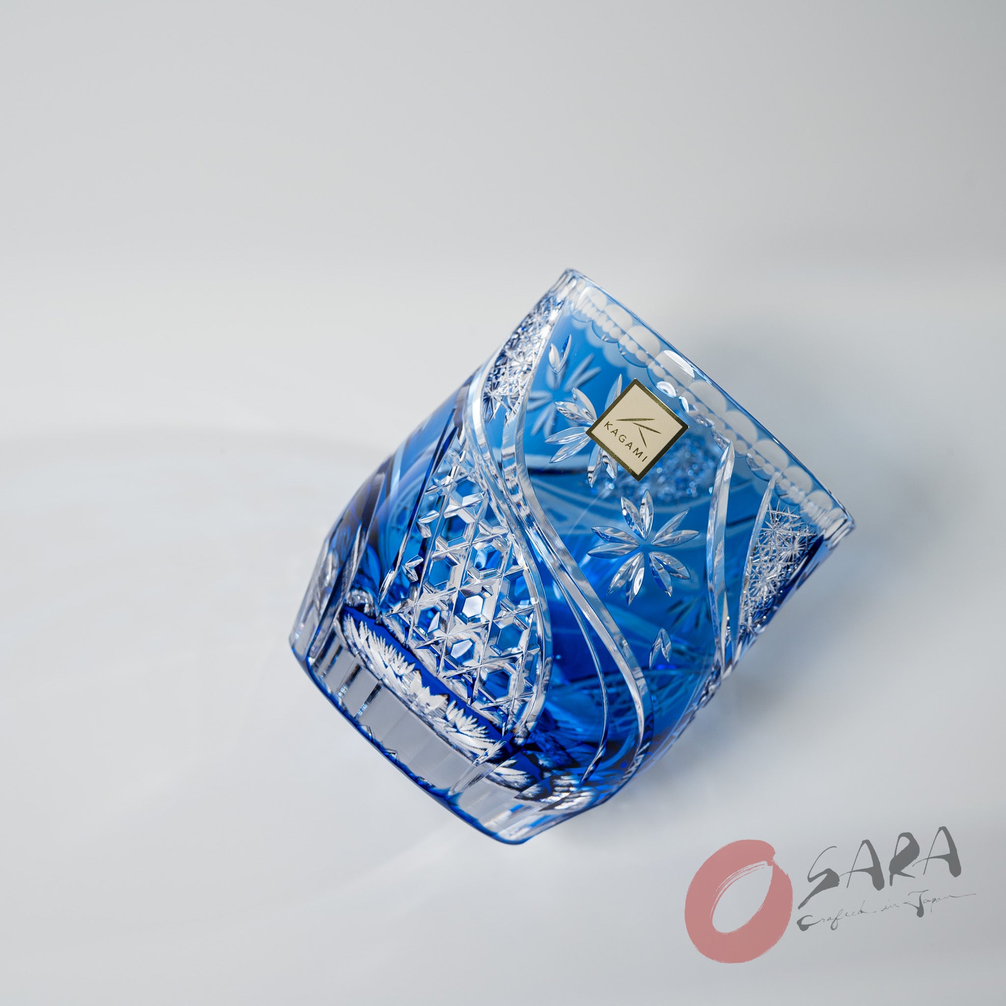 KAGAMI Crystal Edo Kiriko Rock Glass - Handcrafted Japanese Cut Glass Whiskey Tumbler with Floating Cherry Blossoms Design - Elegant Blue Drinking Glass for Cocktails, Whiskey & Home Bar Decor