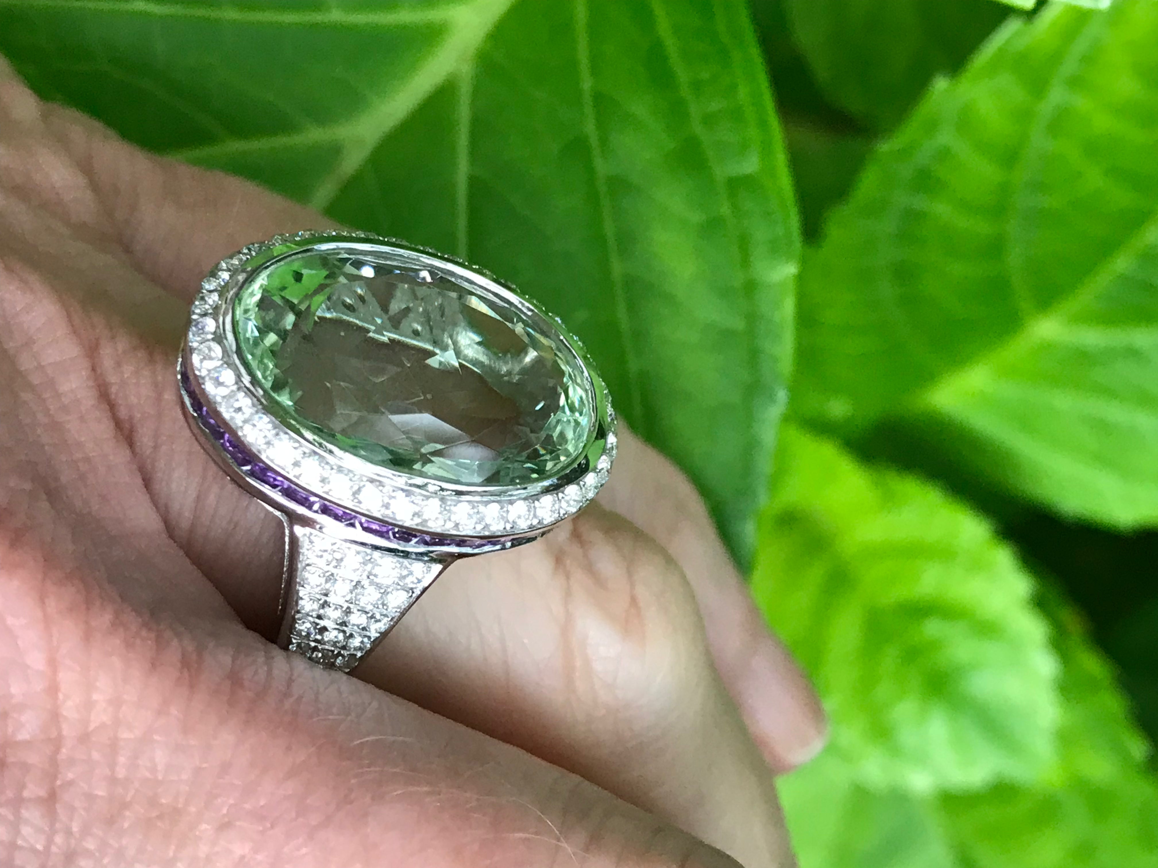 18ct White Gold 14.32ct Green Beryl Ring with Amethyst & Diamond Accents - Elegant Statement Jewelry for Weddings, Anniversaries & Special Occasions