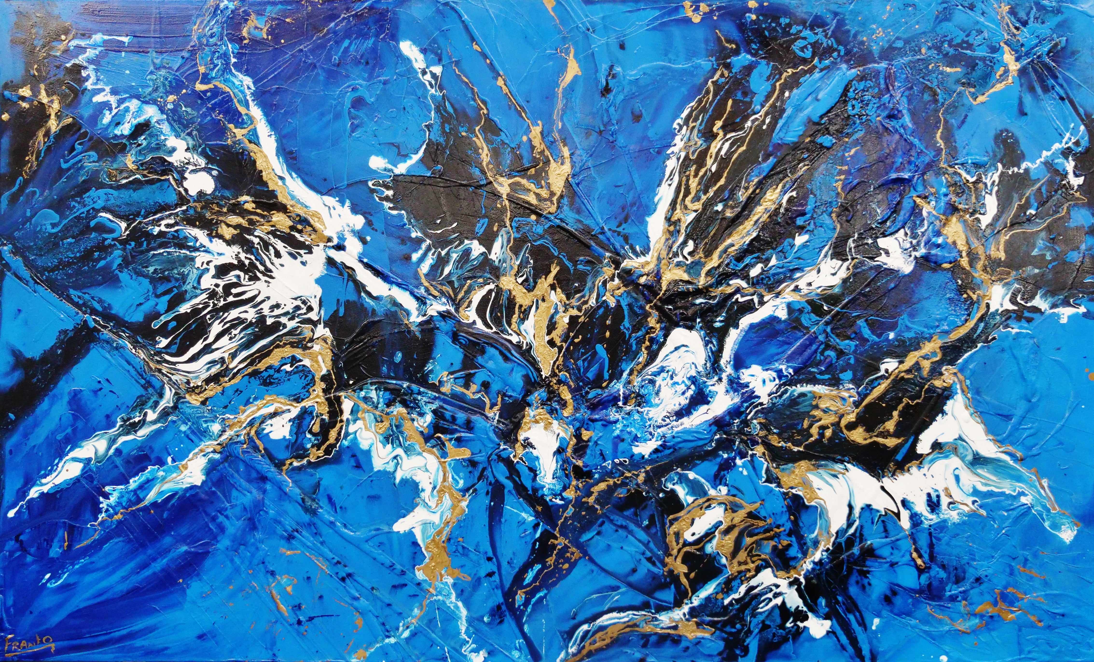 Gilded Sapphire Blue and Gold Abstract Textured Canvas Painting - 200cm x 120cm Large Wall Art for Living Room, Bedroom & Office Decor