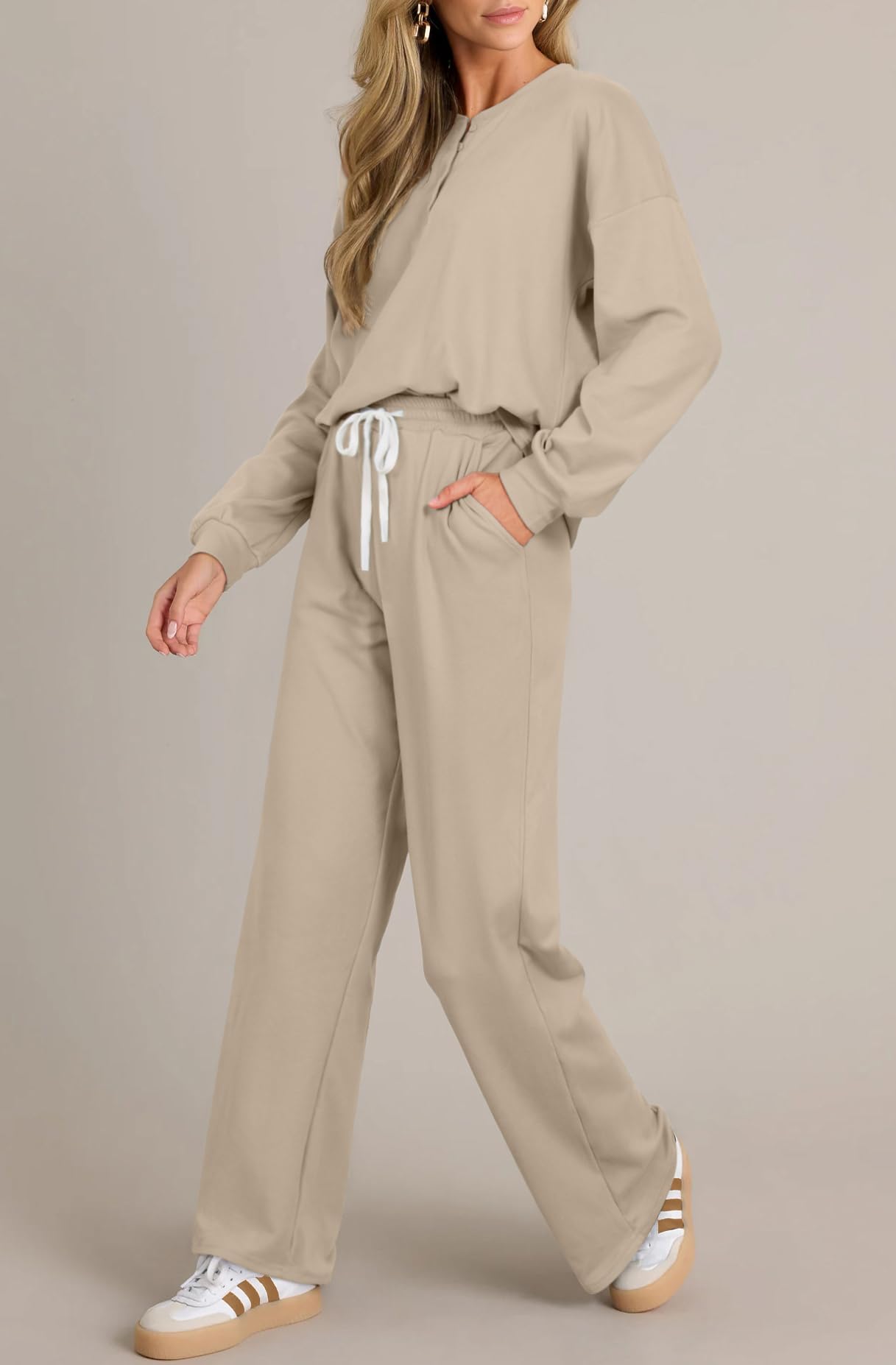 AGSEEM Women's 2-Piece Outfits - Soft Quarter Button Long Sleeve Crewneck Lounge Set with Pockets | Cozy Winter Pajama Set for Home, Sleep & Relaxation | Perfect for Lounging, Netflix Nights & Cold Weather Comfort