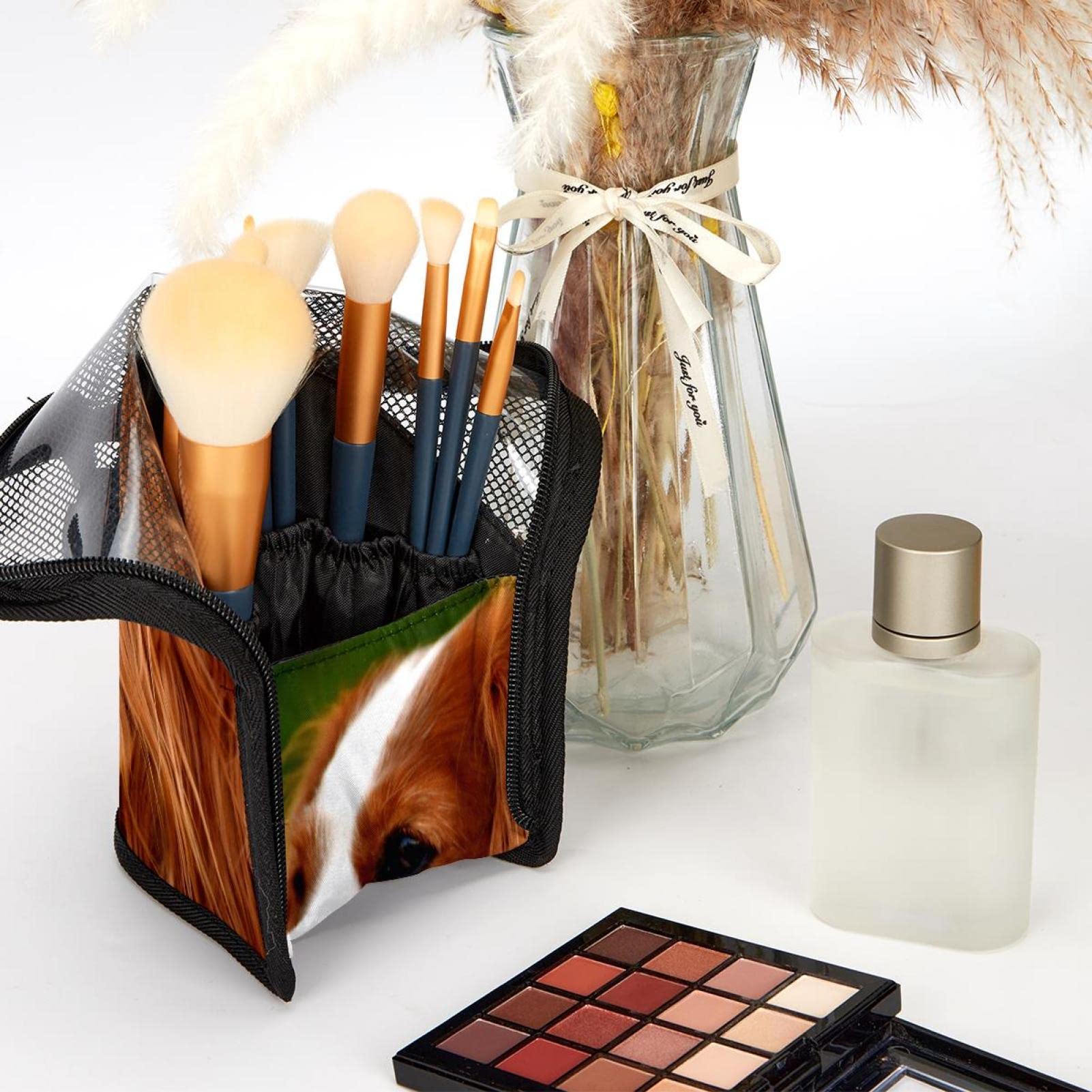 **Premium 12-Slot Makeup Brush Organizer Bag - Portable Travel Cosmetic Brush Holder Case with Cute Cavalier King Charles Spaniel Design for Home & On-the-Go Makeup Storage**