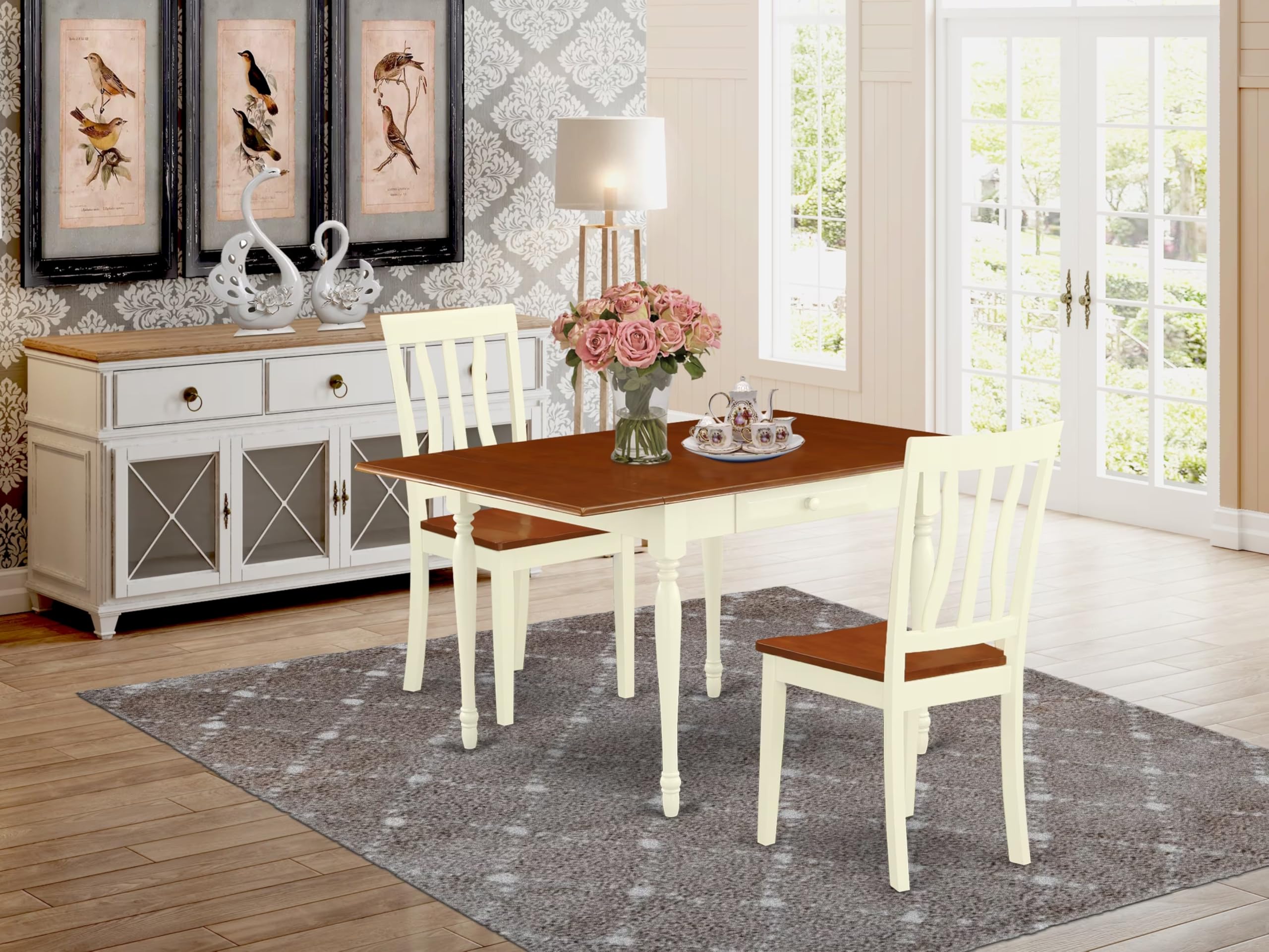 East West Furniture 3-Piece Kitchen Table & Chairs Set - 36x54 Inch Rectangle Drop Leaf Dining Table with 2 Chairs in Buttermilk & Cherry | Perfect for Small Spaces, Breakfast Nooks & Cozy Dining Areas