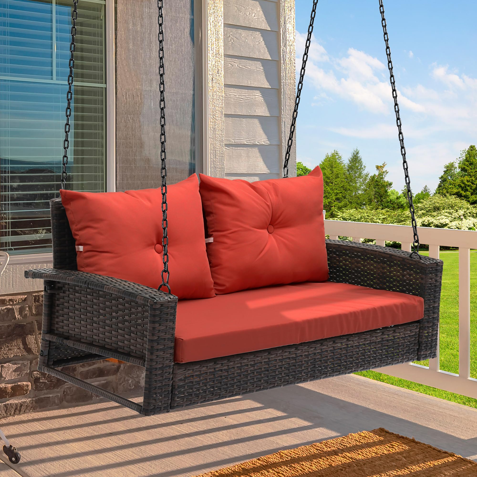 YITAHOME Outdoor Wicker Hanging Swing Chair - Brown Rattan Patio Swing with 2 Cushions, 530lbs Weight Capacity - Perfect for Garden, Balcony, Porch & Living Room - Relaxing Lounge Chair for Reading & Napping
