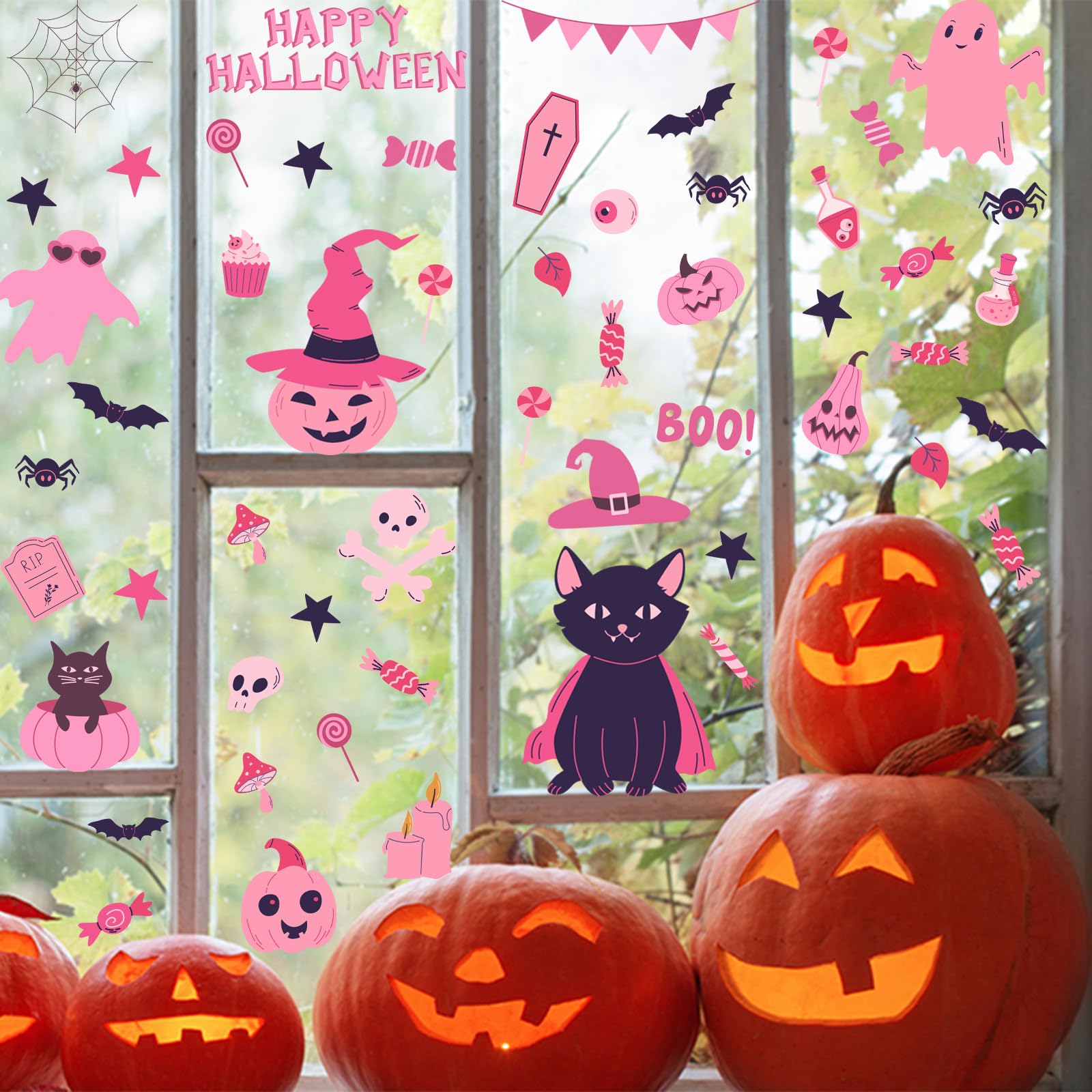 9 Sheets Halloween Window Clings - Pink Pumpkin, Bat, Skull, Boo Cat & Spider Web Ghost Stickers | Double-Sided Glass Decals for Halloween Party & Home Decor | Perfect for Windows, Doors & Mirrors