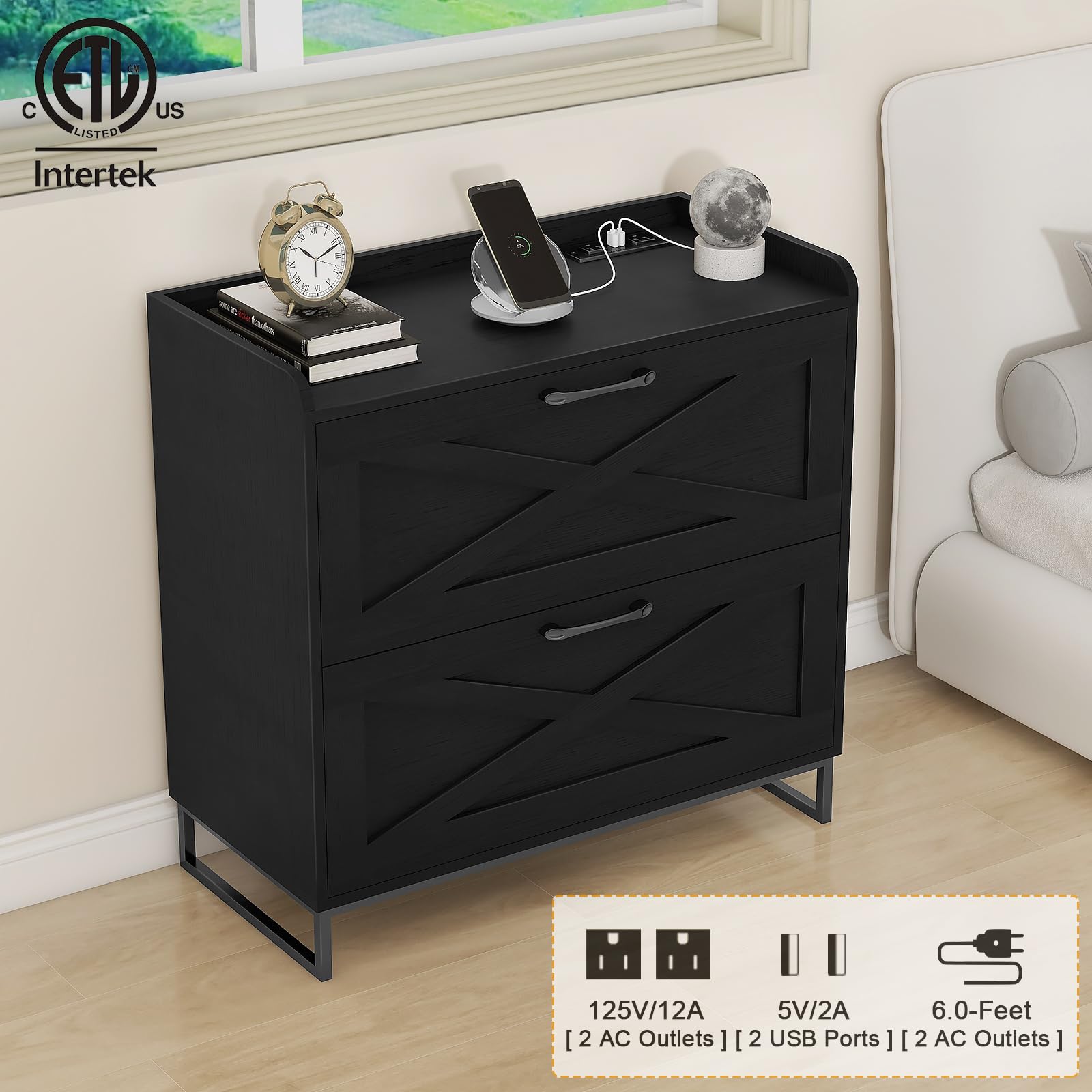 2-Drawer Lateral File Cabinet with Built-in Charging Station - Letter/Legal/A4 Size Hanging File Storage - Wooden Office Cabinet with Printer Stand for Home & Workspace - Black - Perfect for Organizing Documents & Charging Devices in Modern Offices