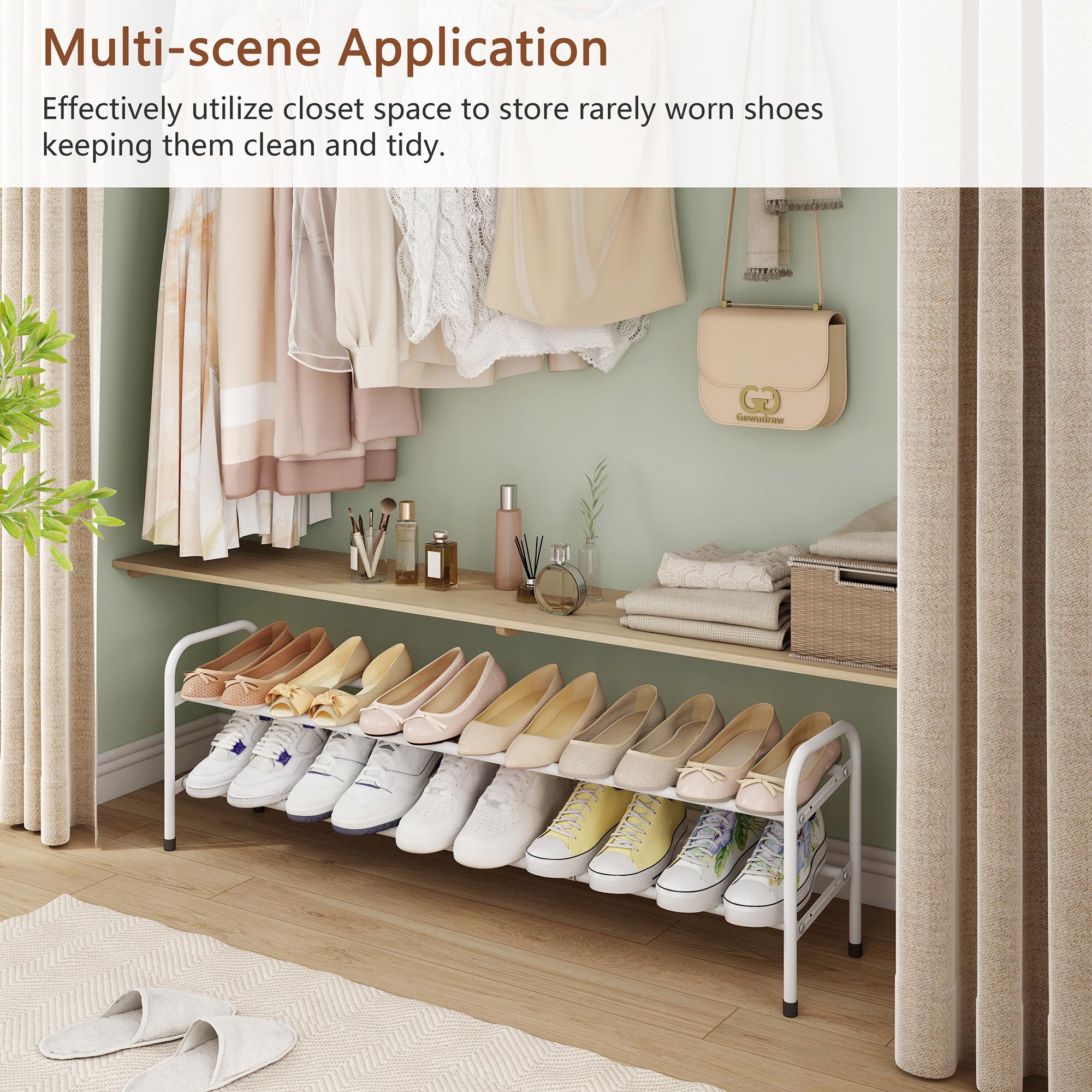 2-Tier Expandable Shoe Rack for Closet - Adjustable Metal Shoe Organizer Holds Up to 12 Pairs - Perfect for Bedroom, Entryway, Hallway - White (41.53 Inches) - Space Saving Shoe Storage Solution for Small Spaces & Apartment Living