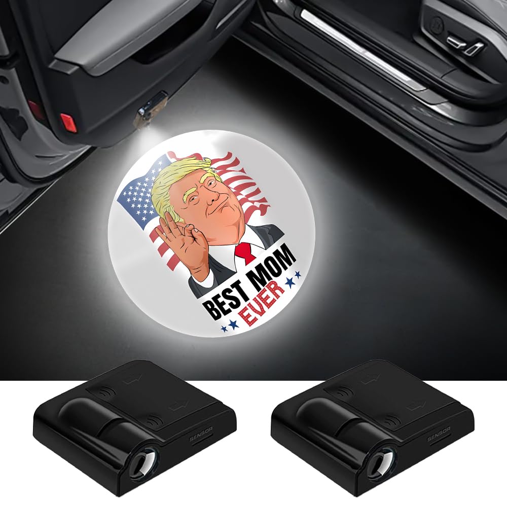 Trump Car Door Welcome Light - Best MOM Ever Wireless Laser Projector with LED Magnet Induction - Cute Icon Projection Courtesy Lamps for Mother's Day Gifts - Perfect for Nighttime Car Entry & Surprise Birthday/Anniversary Presents