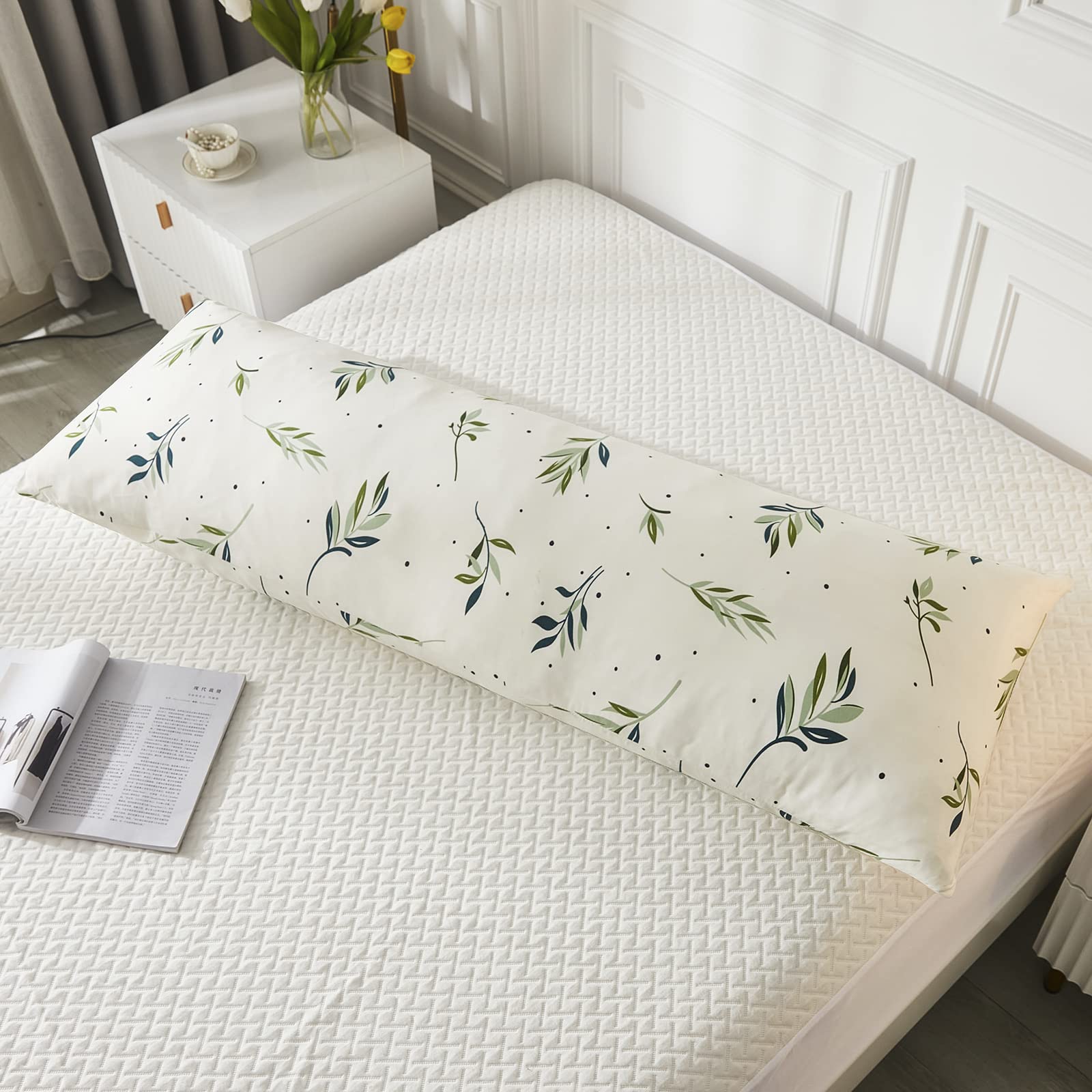 Green Botanical Leaves Body Pillow Cover 20x54 Inches with Pocket Closure - Boho Chic Pillow Case for Bedroom Decor, Couch & Dorm Room - Soft & Stylish Home Accessory