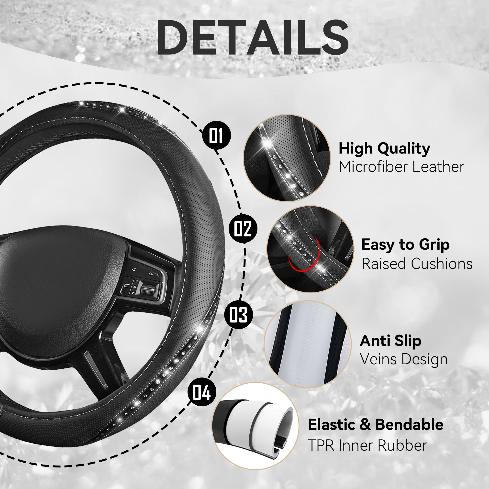 Bling Car Accessories Set for Women - 14 PCS Leather Seat Covers & Rhinestone Steering Wheel Cover | Luxury Car Interior Decor