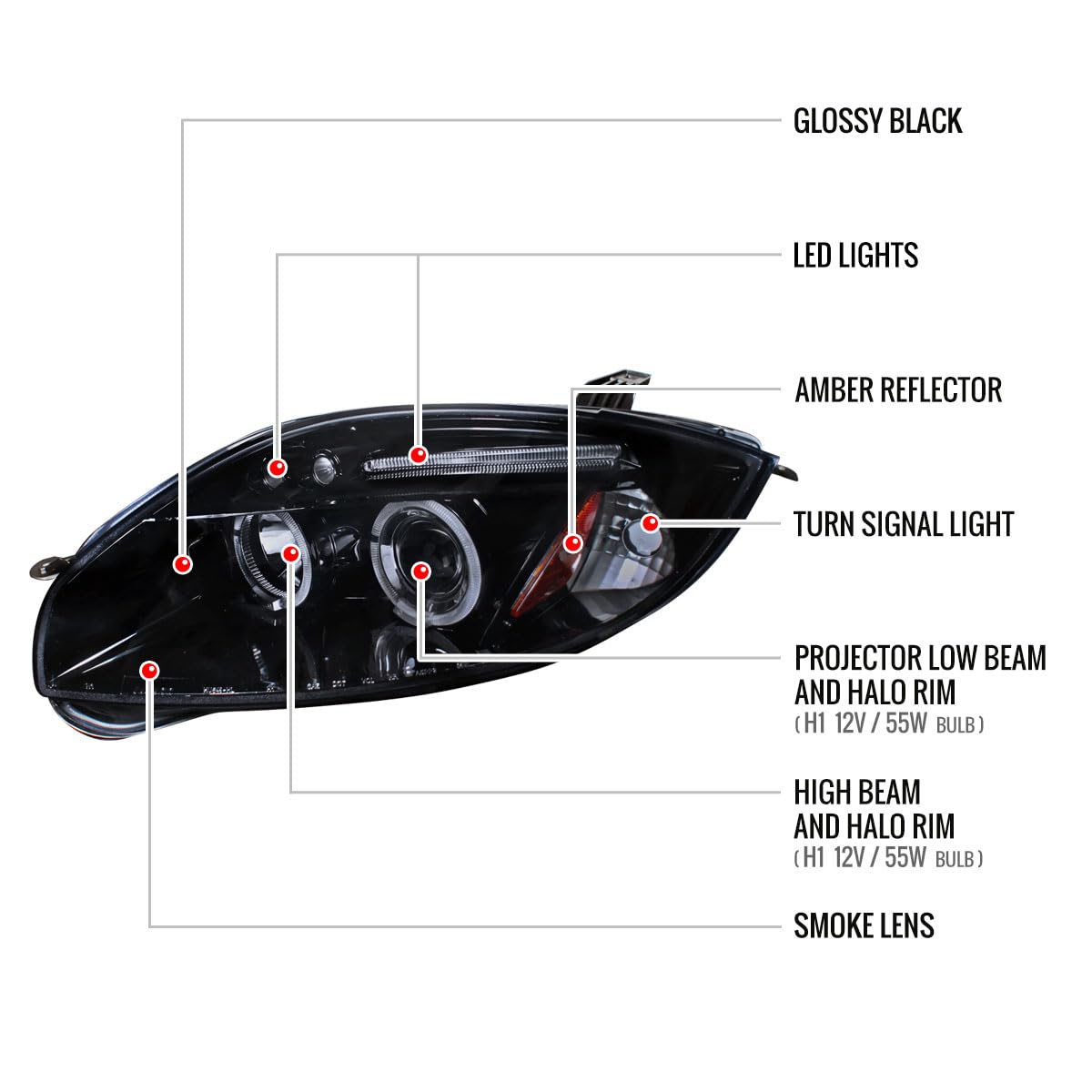 Mitsubishi Eclipse 2006-2012 LED Projector Headlights - Glossy Piano Black with Tinted Lens | High-Performance Lighting for Night Driving & Custom Car Upgrades