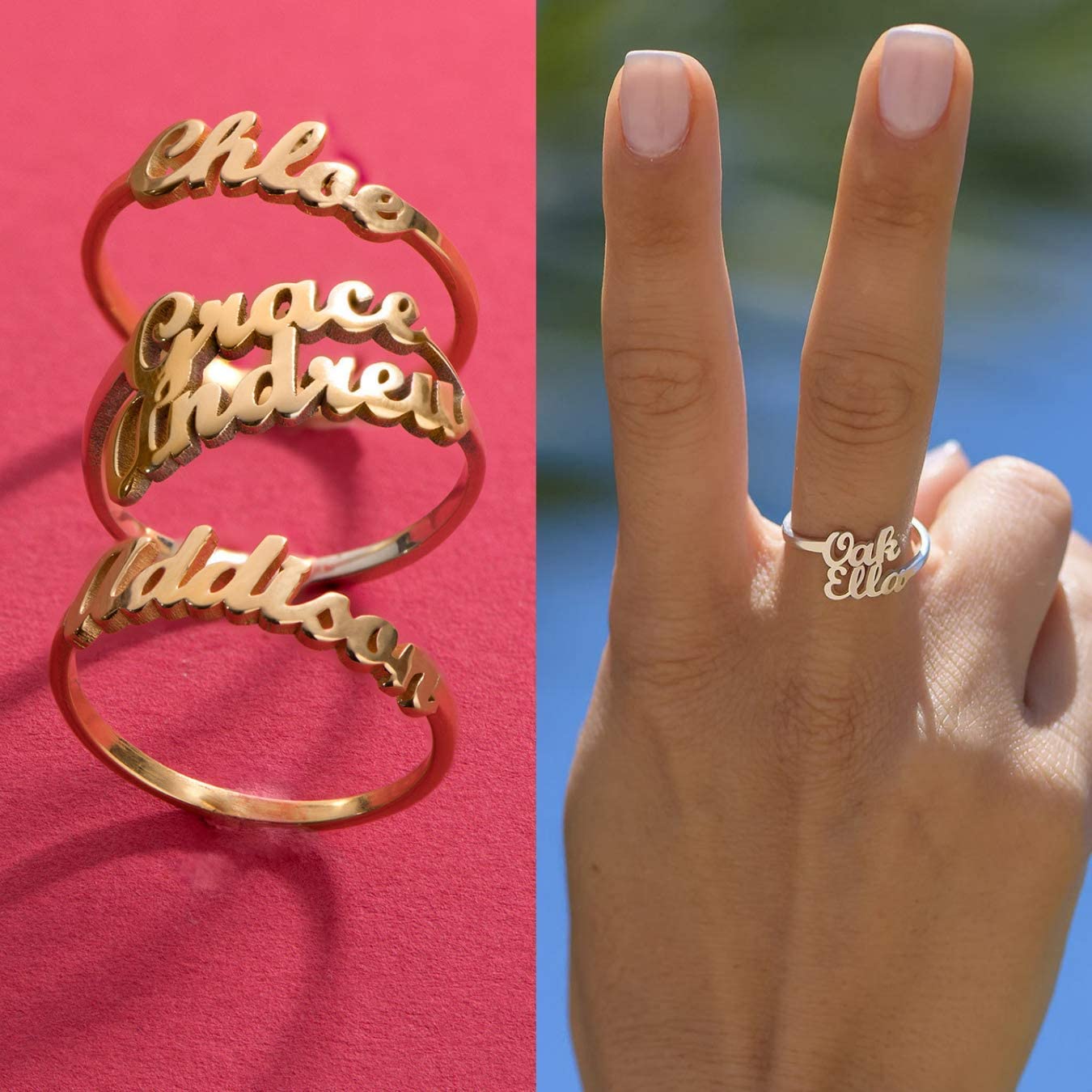 Oak & Luna Custom Name Rings - Personalized Couple Rings in Sterling Silver or Gold Plated - Engravable with 1-3 Names - Unique Jewelry Gift for Women, Wife, Mom - Perfect for Anniversaries, Weddings & Valentine's Day