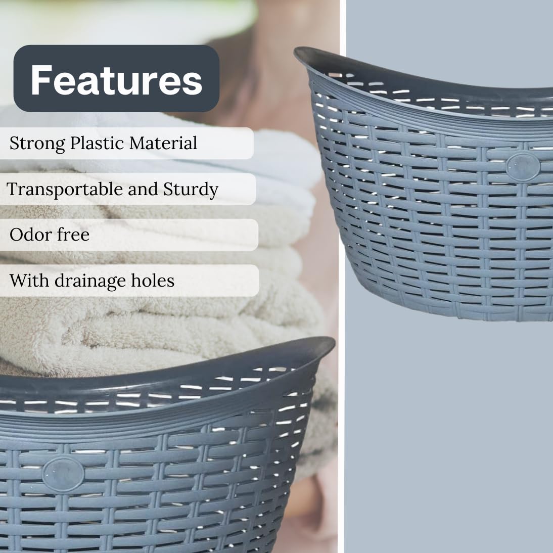 Elly Décor Rattan 7.9 Gallon Oval Plastic Laundry Basket with Cutout Handles - Blue Storage Bin for Dirty Clothes, Perfect for Bathroom, Bedroom, and Closet Organization - 30 Liter Capacity for Laundry, Toys, or Household Items