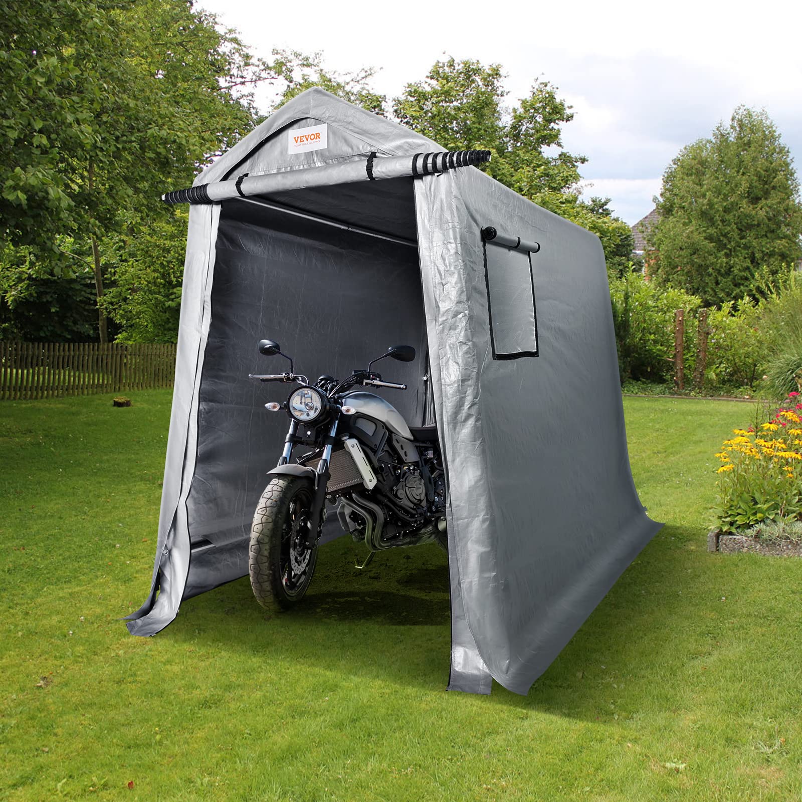 VEVOR 6x8x7 ft Heavy Duty Waterproof Portable Storage Shed Tent - All-Season Outdoor Shelter with Roll-Up Zipper Door & Ventilated Windows for Motorcycle, Bike, Garden Tools - Perfect for Backyard, Garage, and Patio Storage