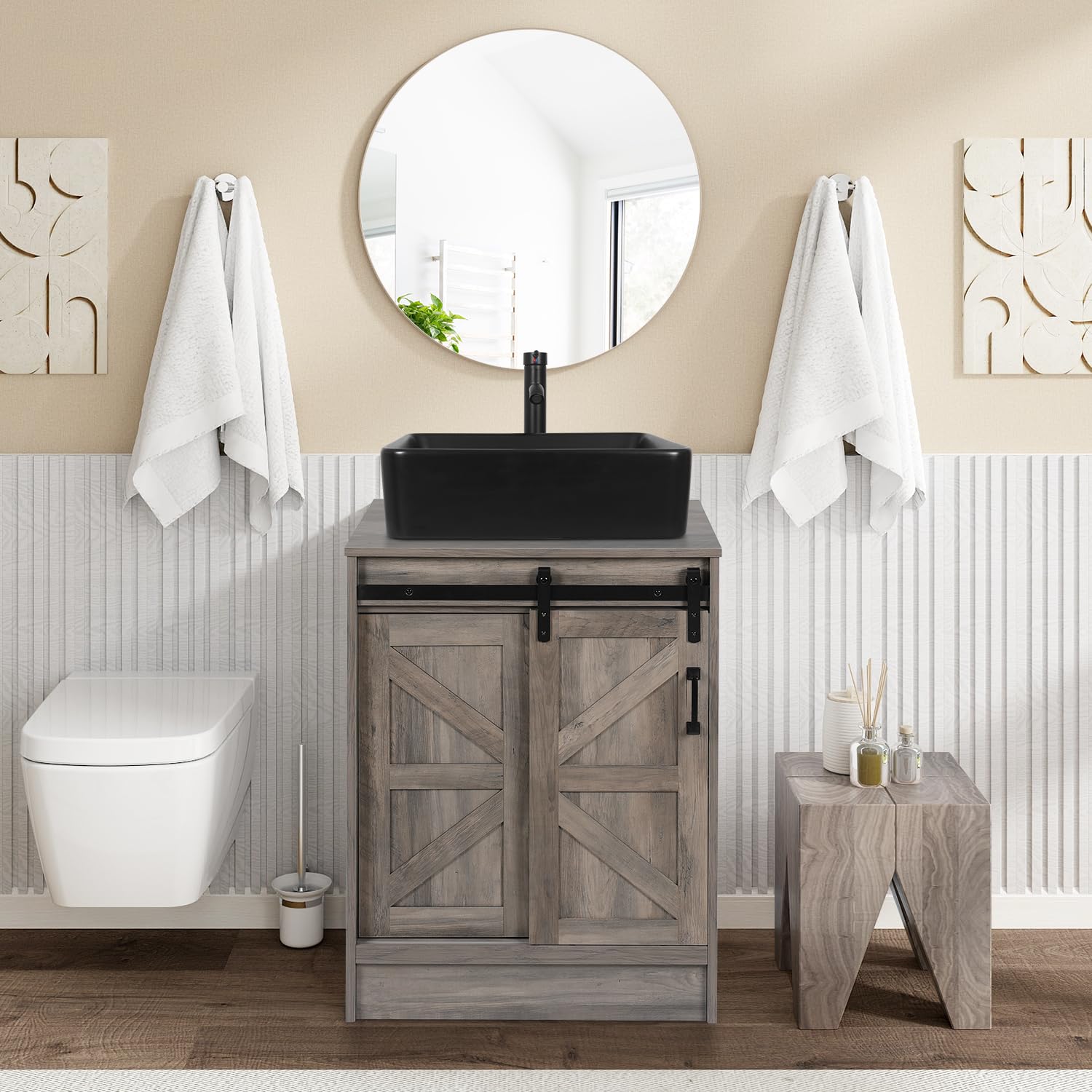 24 Inch Modern Barn Door Bathroom Vanity Set with Black Ceramic Vessel Sink - Solid Wood Bathroom Cabinet with Storage - Perfect for Small Bathrooms, Powder Rooms & Master Bath Remodels