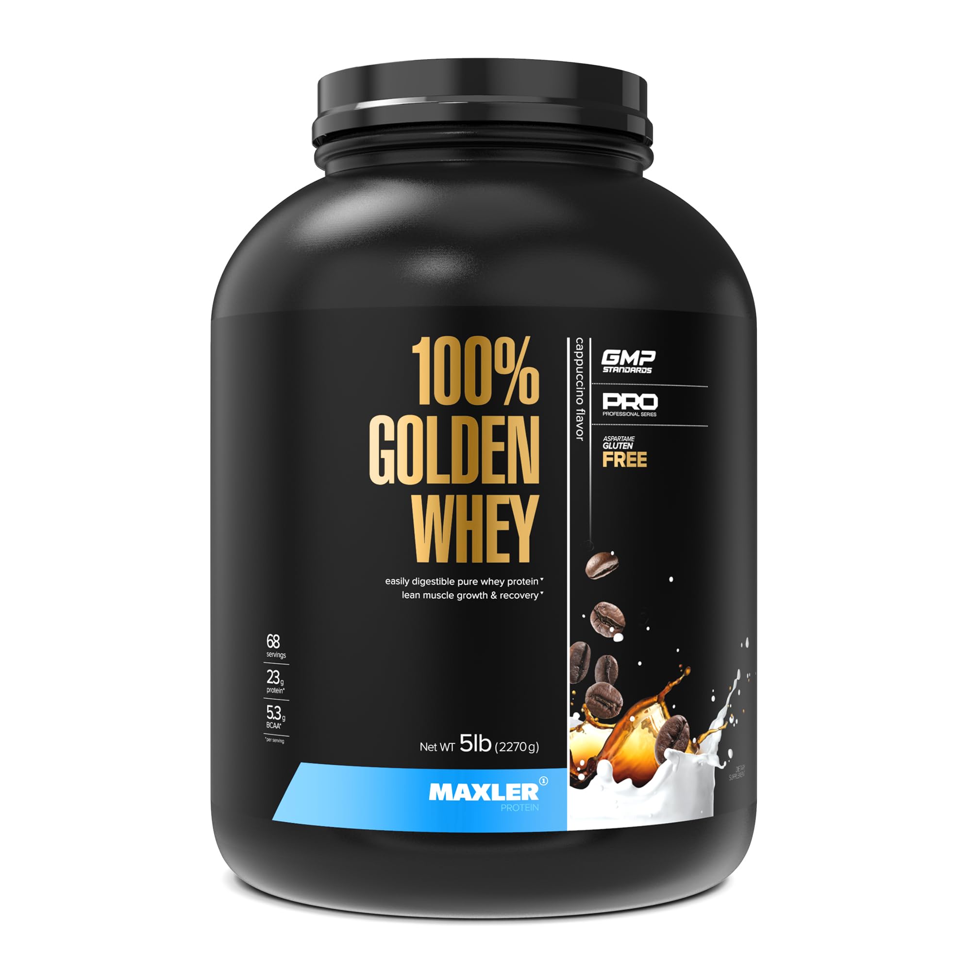 Maxler 100% Golden Whey Protein Powder - 23g Premium Protein per Serving with Hydrolysate, Isolate & Concentrate Blend - Fast Absorption for Pre, Post & Intra Workout Recovery - Cappuccino Flavor 5 lb - Ideal for Gym, Fitness & Muscle Building