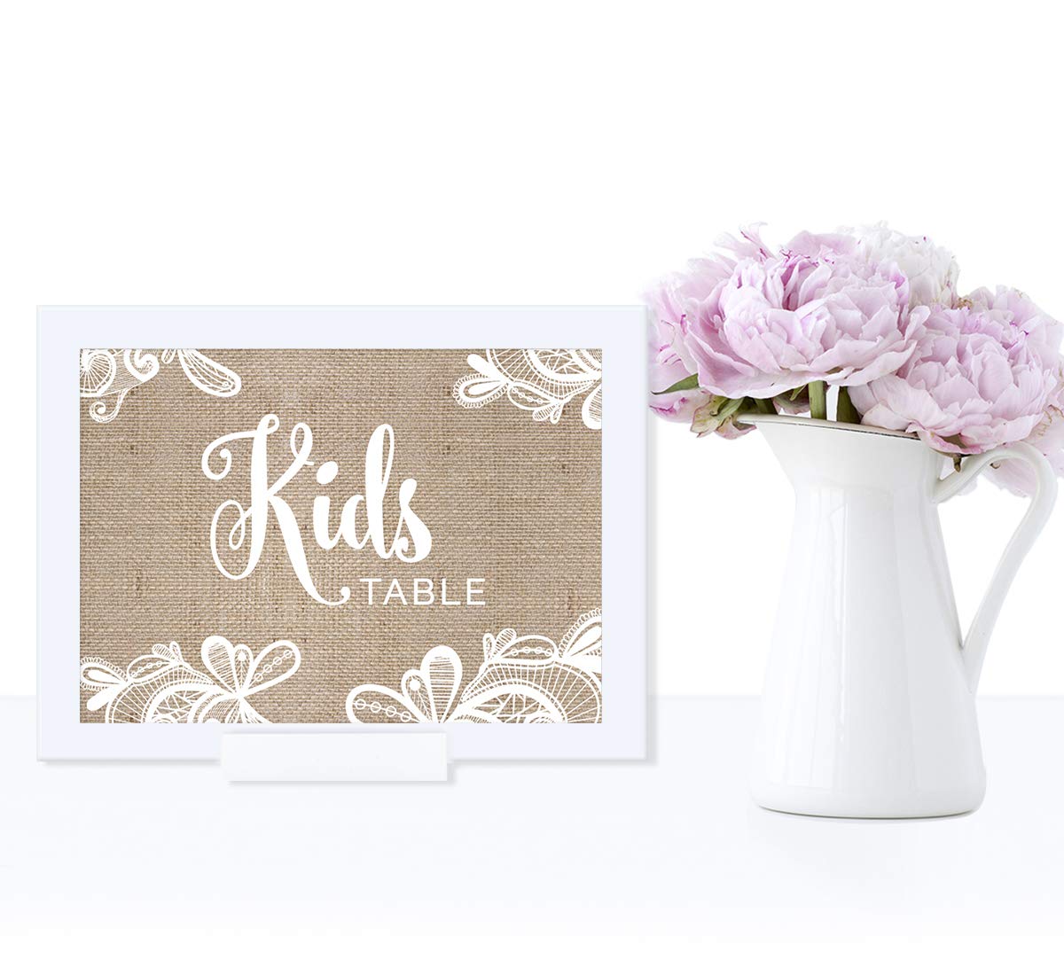 Andaz Press Wedding Framed Party Signs - Rustic Burlap Lace Printed Cardstock Table Decor - 5x7 inch Kids Table Sign with Frame - Perfect for Weddings, Baby Showers & Birthday Parties