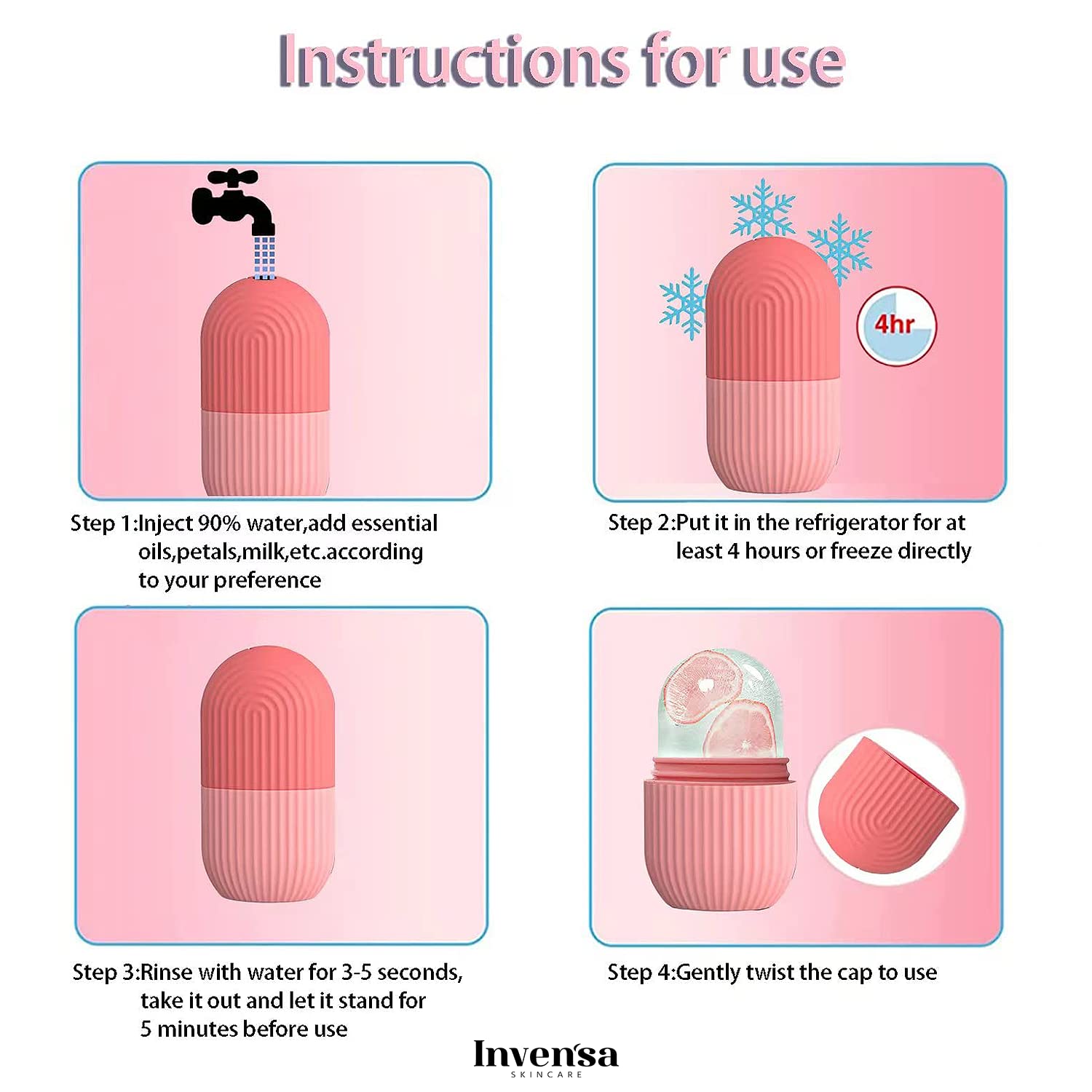 INVENSA Reusable Ice Roller for Face & Eyes - Cooling Facial Massager to Brighten Skin, Reduce Fine Lines & Enhance Glow | DIY Beauty & Skincare Tool for Puffiness Relief & Morning Routine