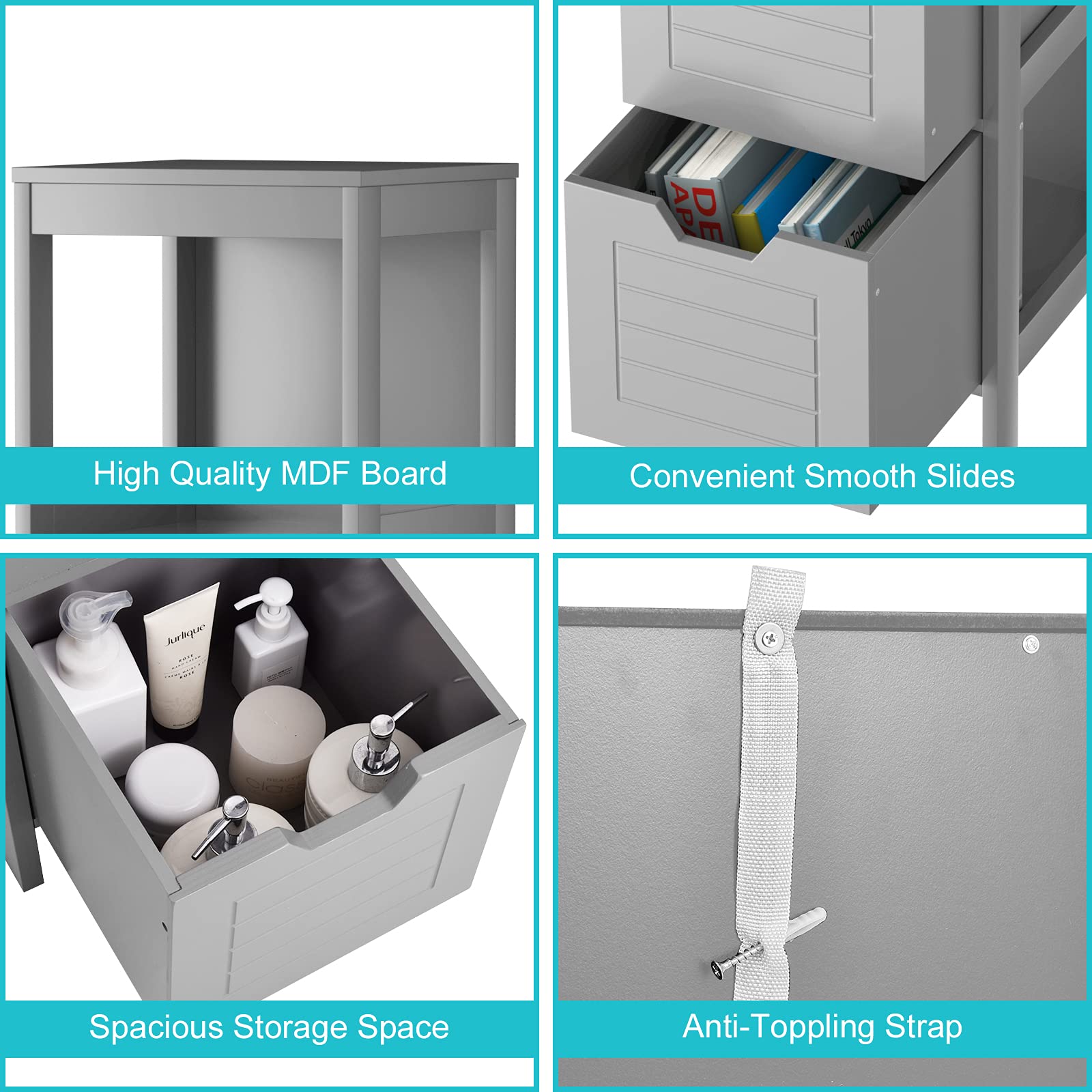 Grey Bathroom Floor Cabinet with 2 Adjustable Drawers & Open Shelf - Multifunctional Standing Storage Organizer for Small Spaces, Living Room & Bathroom - Perfect for Towel Storage, Toiletries Organization & Home Decor