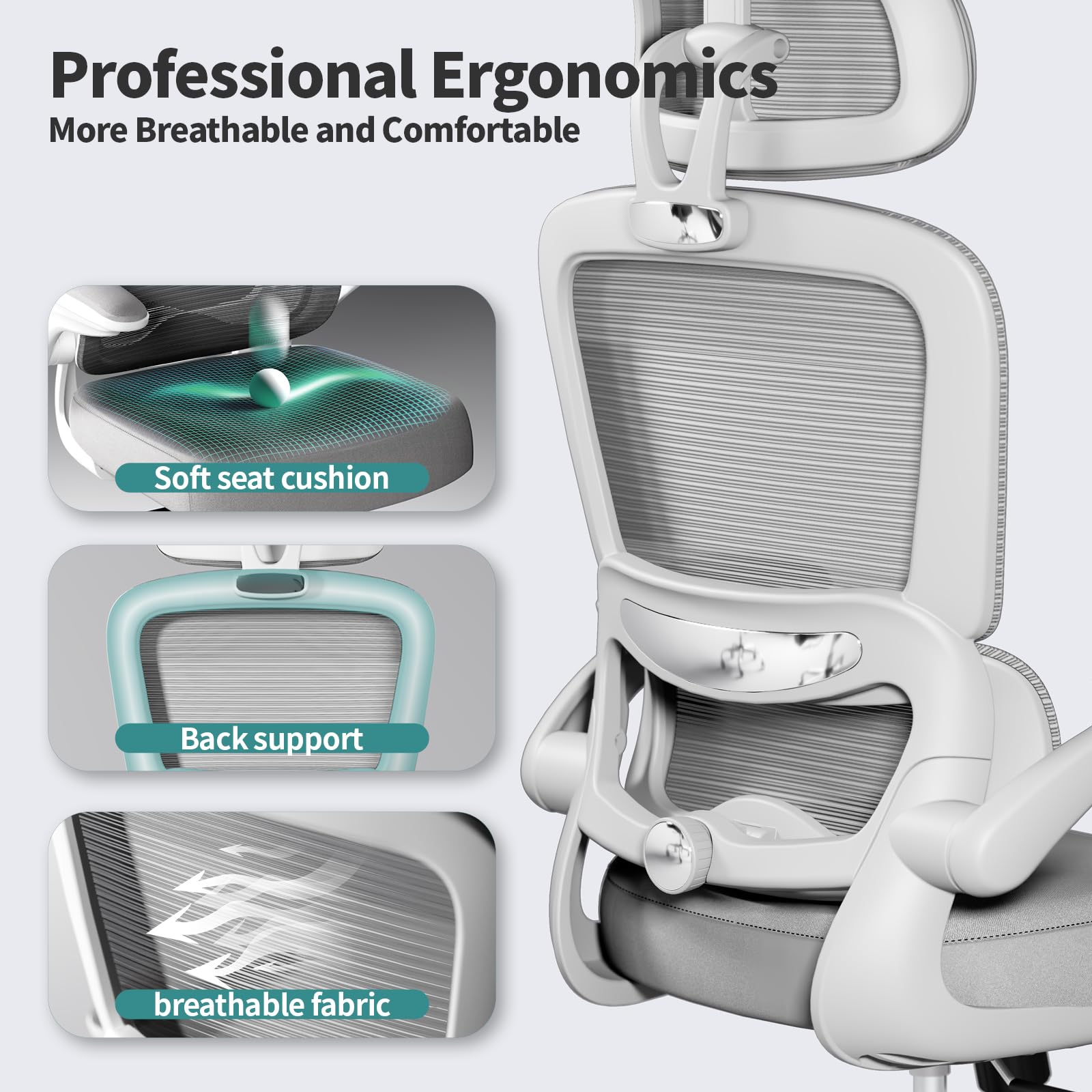 Ergonomic Mesh Office Chair with Wheels - 330 LBS Weight Capacity, High Back Support for Long Hours - Comfortable Gaming & Study Desk Chair for Home & Office Workspace (Grey) - Perfect for Remote Work, Online Classes & Extended Computer Use